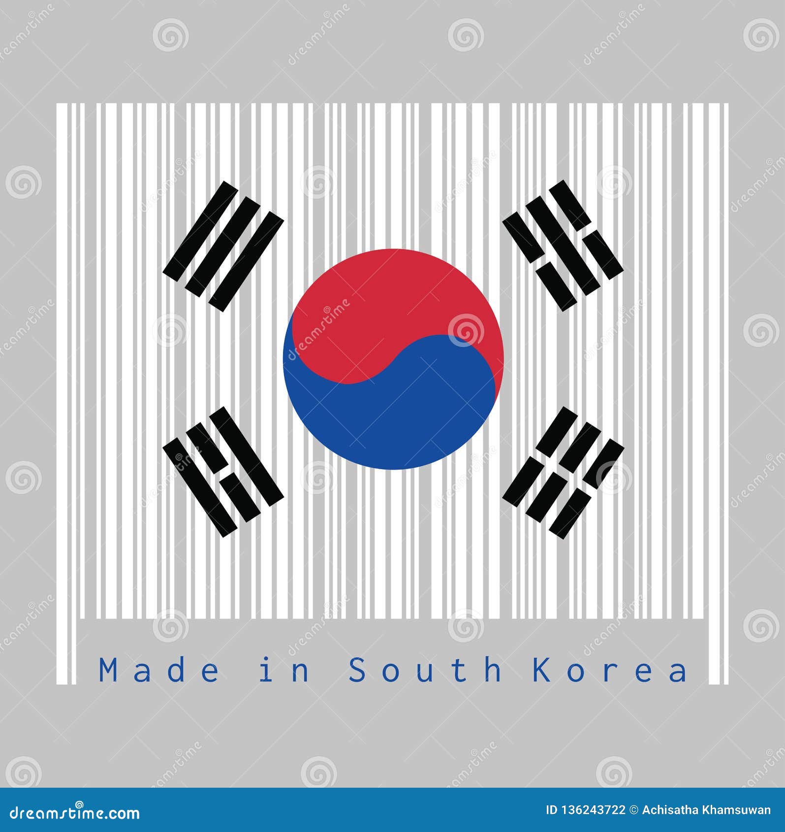 barcode set the color of south korea flag, the white color with taegeuk and black trigrams on black background