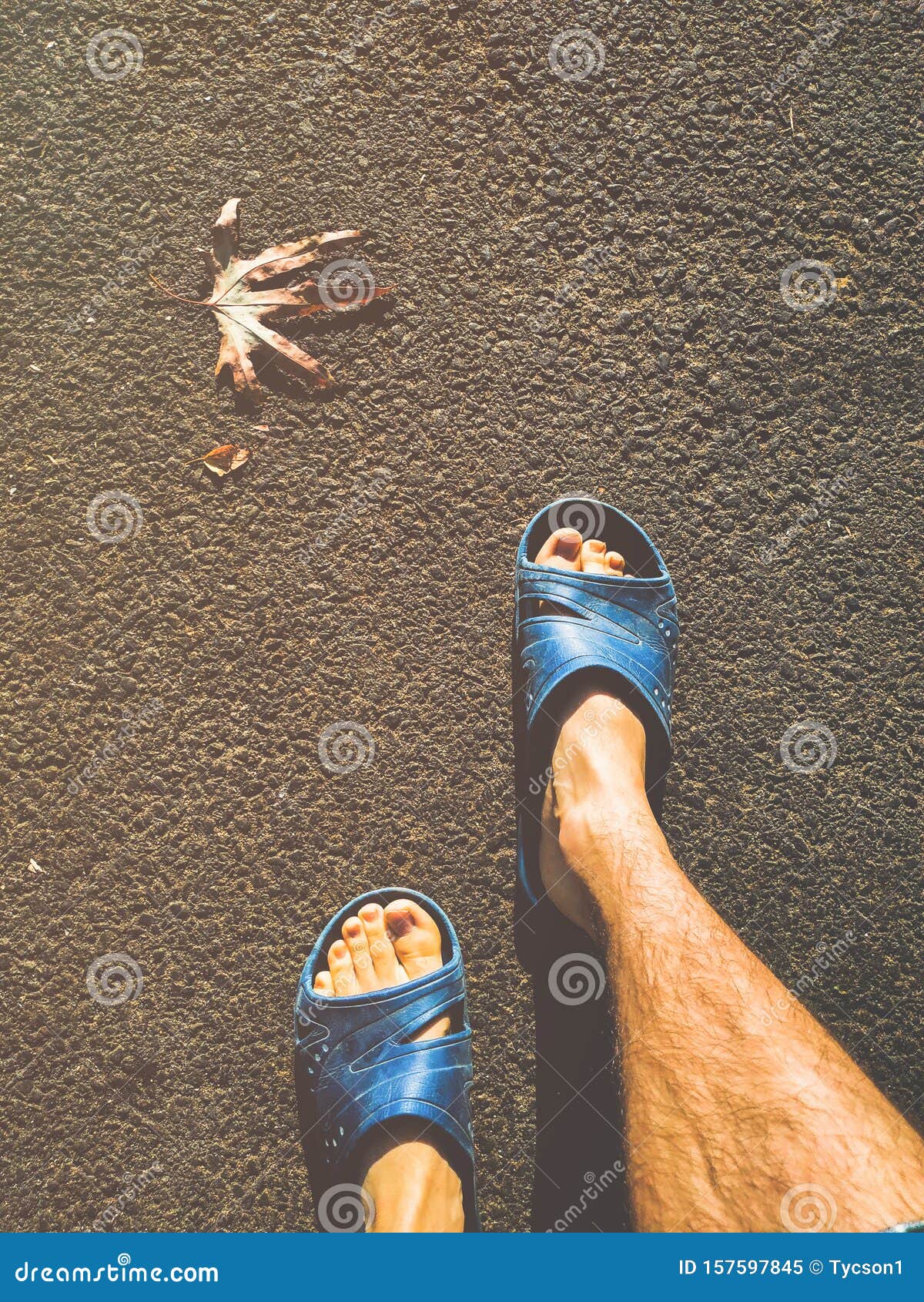 Bare Male Legs in Blue Slippers on the Asphalt Ground Stock Image ...