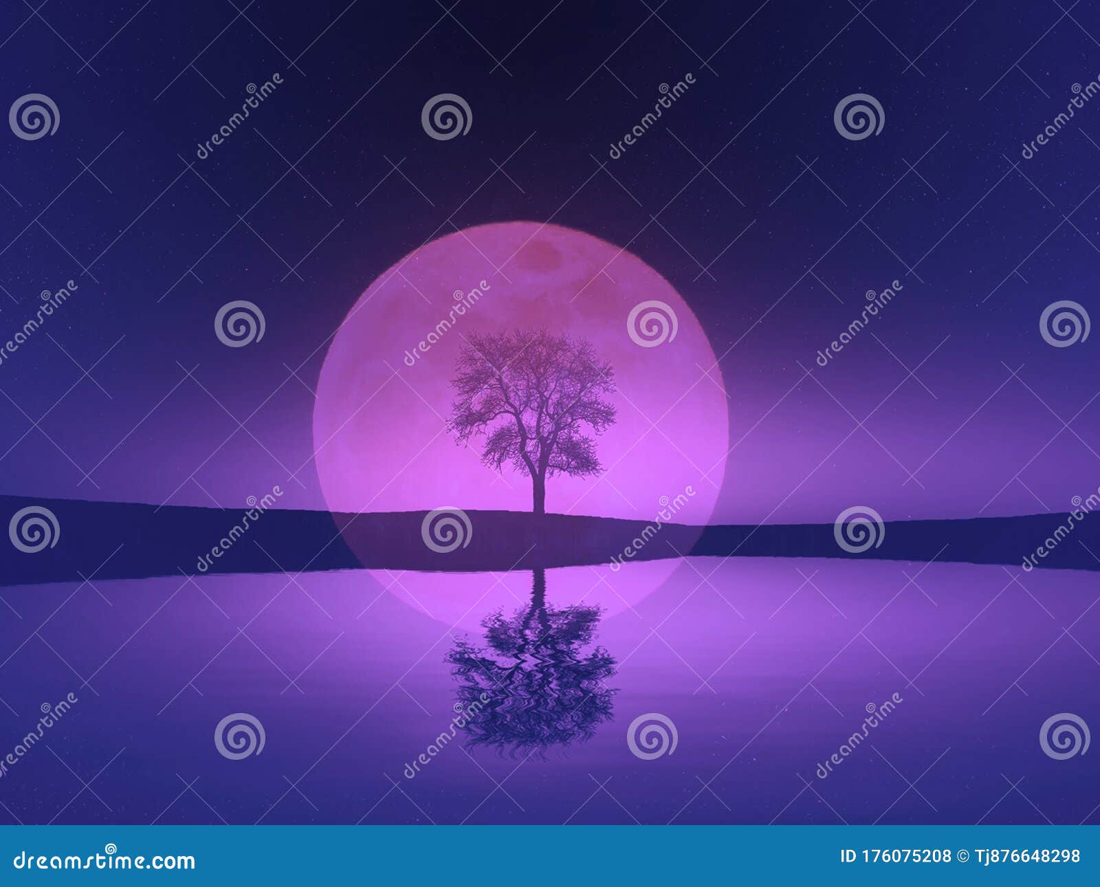 bare mirrored leafless tree silhouette against purple full moon. water, land, star, black sky. sad gloomy mood.