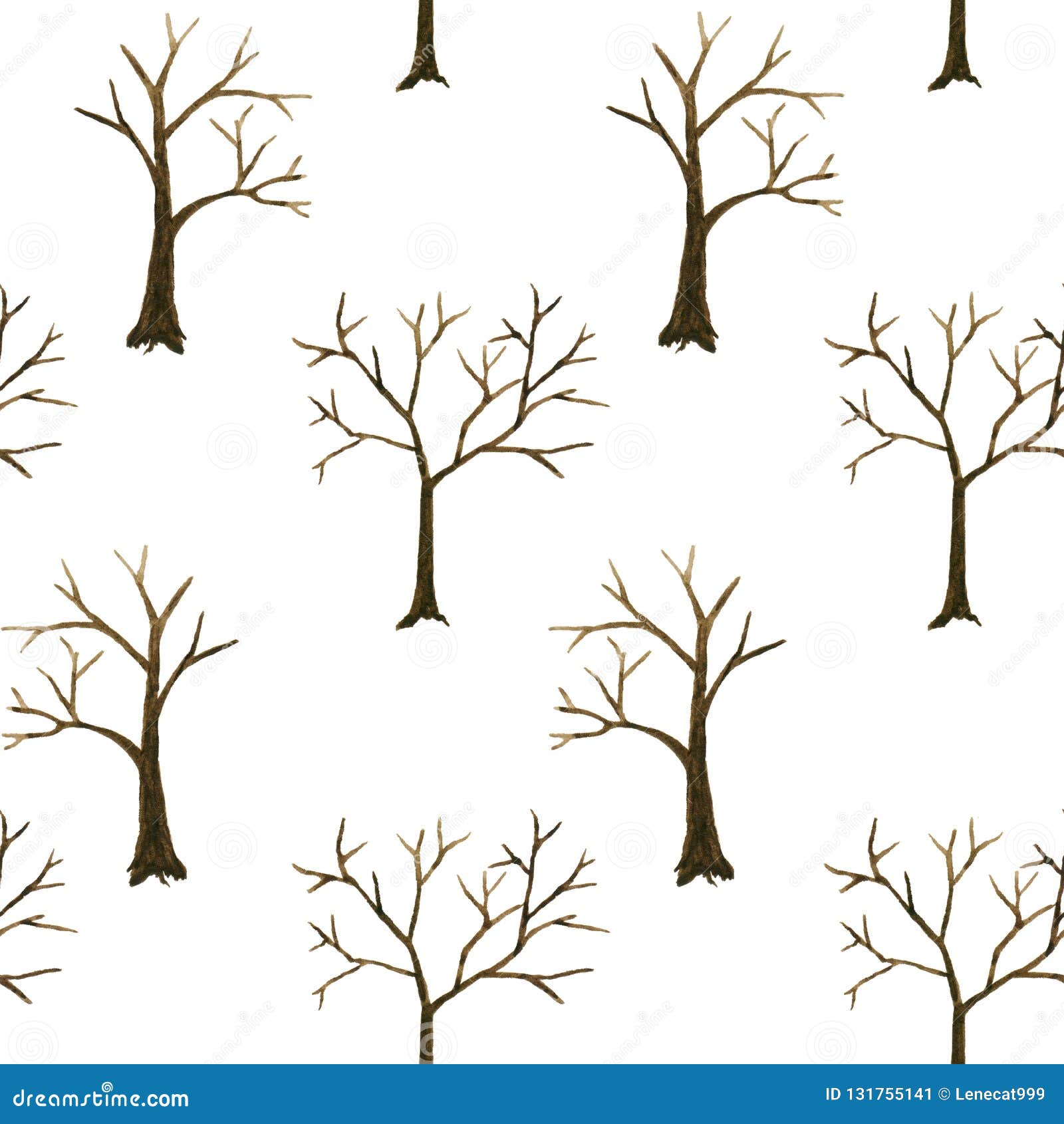 Bare Trees Silhouettes Pattern Isolated. Abstract Watercolor Hand Drawn