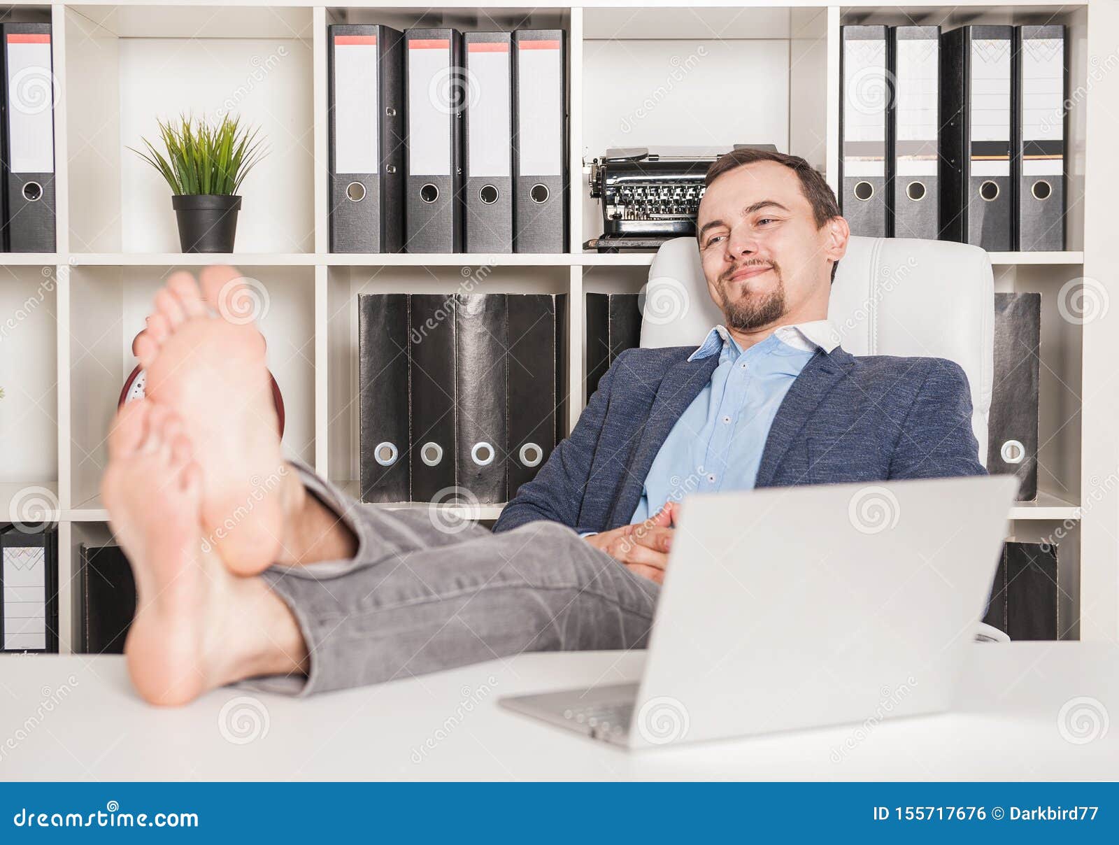 Barefoot Business Man Relaxing in Office Stock Photo - Image of male,  business: 155717676