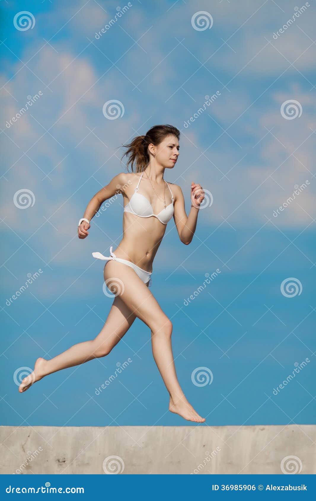 Barefoot Slim Girl in White Bikini Running Outdoors Stock Photo Image