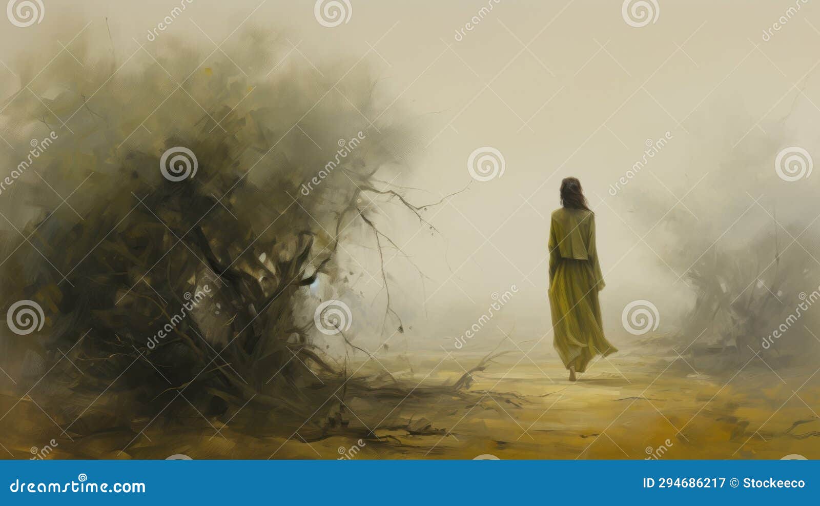 barefoot woman in foggy woods: a captivating painting by ahmed morsi