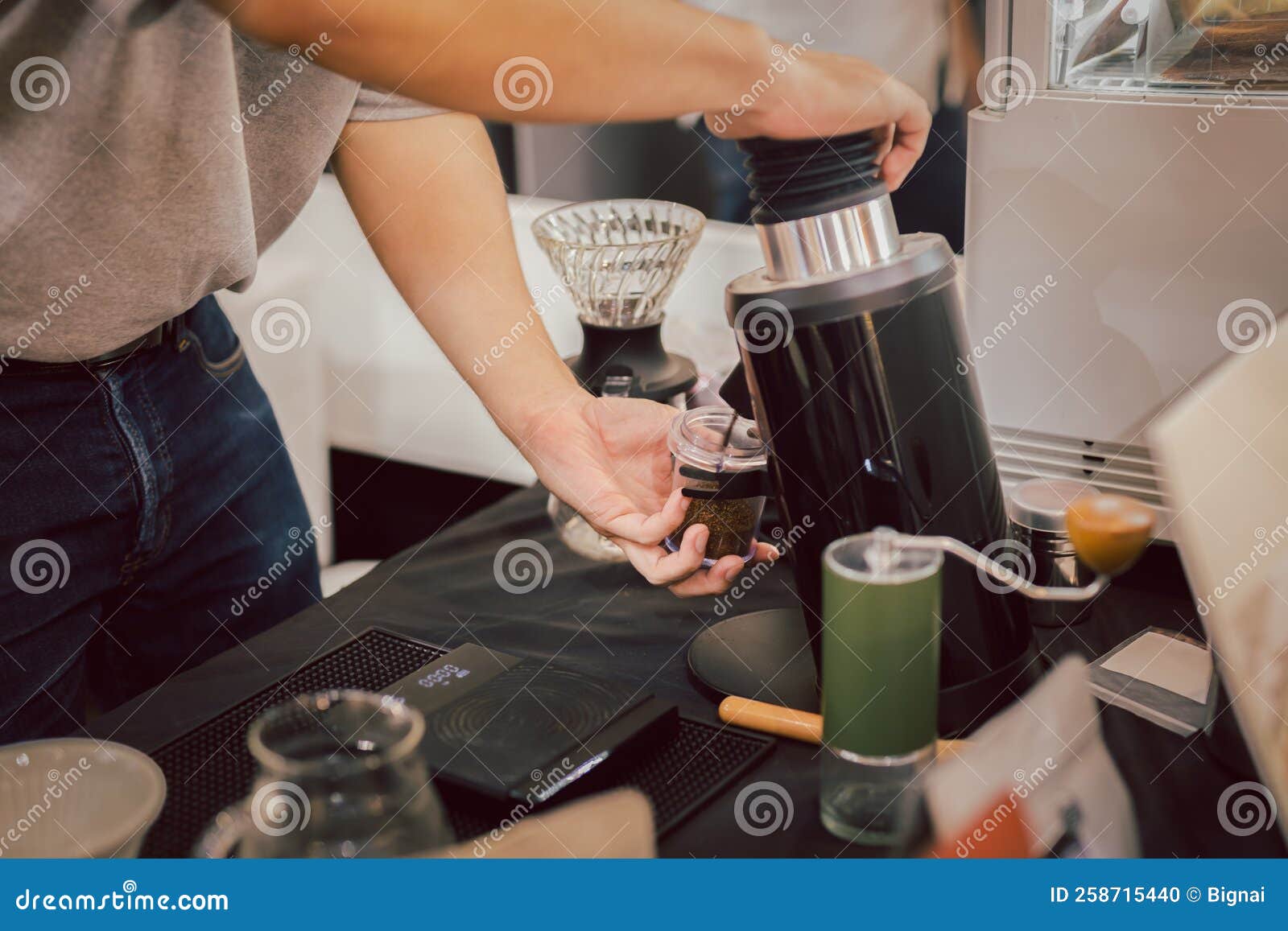 Barista Grinding Coffee Beans in Coffee Shop. Stock Photo Image of