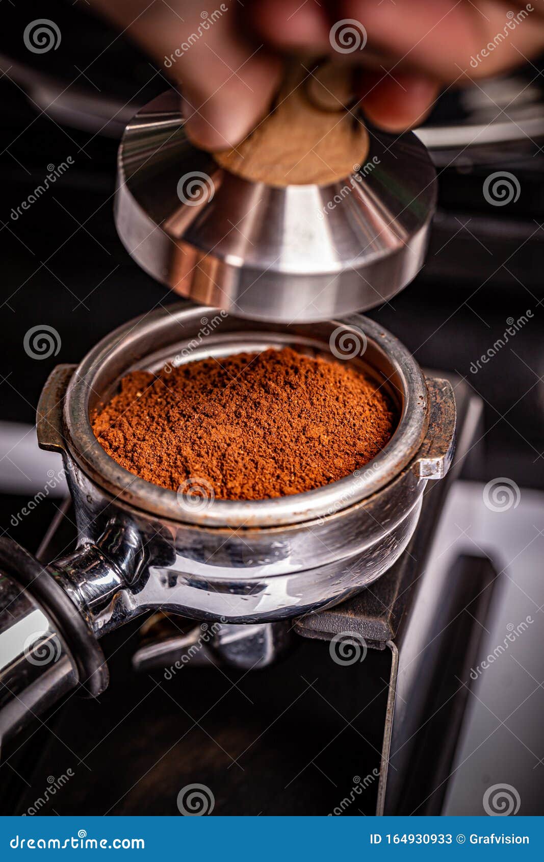 Barista Presses Ground Coffee Stock Image Image of tamper, beverage