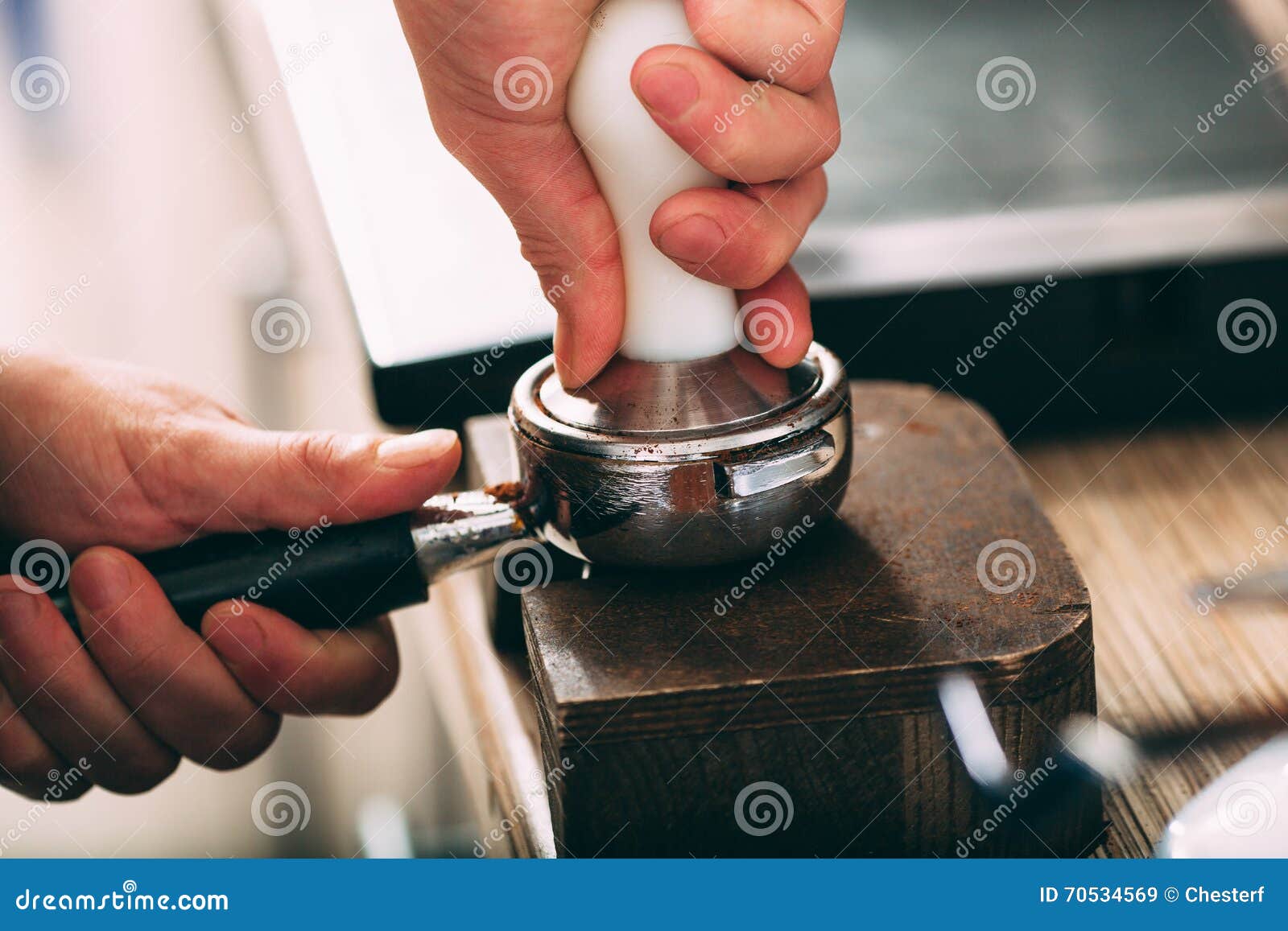 Barista Pressing Coffee in the Machine Holder Stock Image Image of
