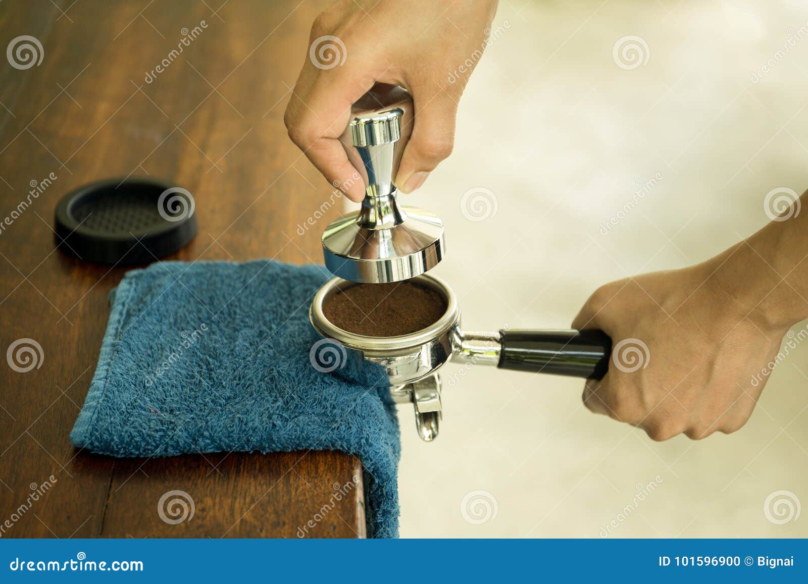 Barista Pressing Ground Coffee into Portafilter Using Tamper Stock Photo Image of espresso