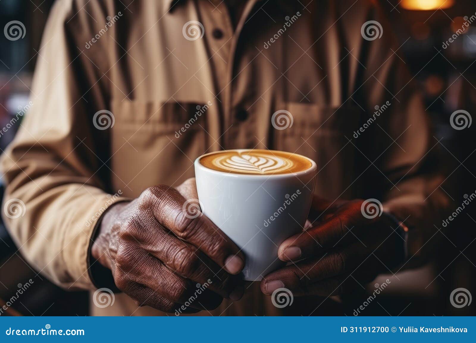 barista serve cup hot tasty coffee grounds beans cozy cafe drinking cocoa cappuccino americano espresso latte art aroma