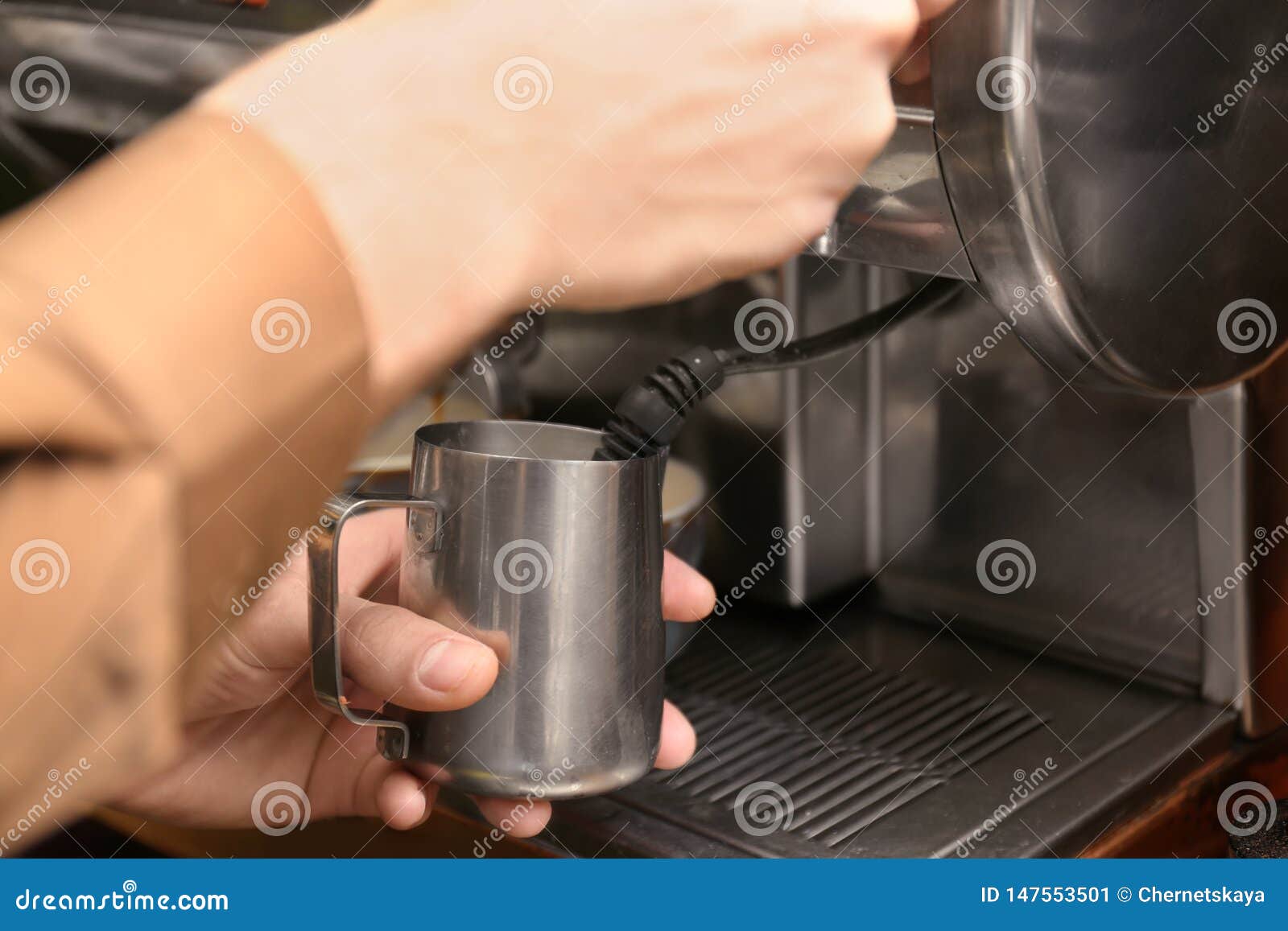 Barista Steaming Milk Using Coffee Machine Stock Image Image of