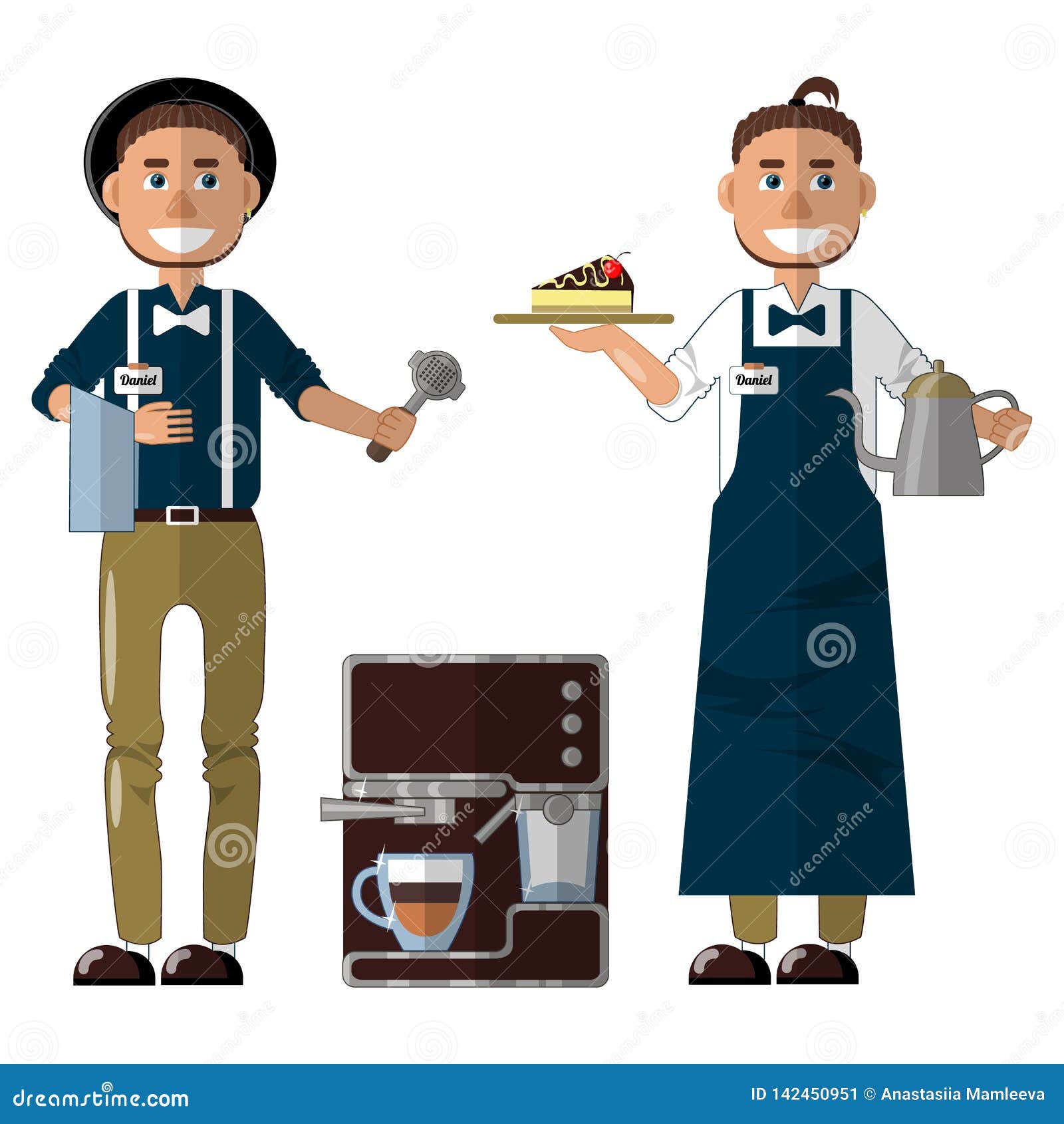 Download Barista In Uniform Apron And Hat Coffee Machine And Coffee Making Equipment Stock Vector Illustration Of Business Cafeteria 142450951
