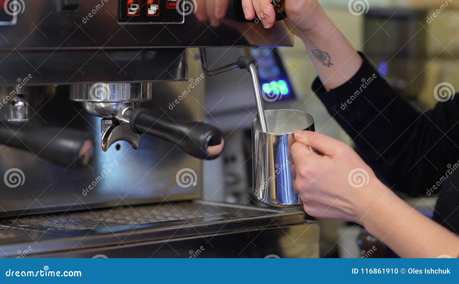 Barista Whisk Milk in Coffee Machine with Hot Steam Stock Footage