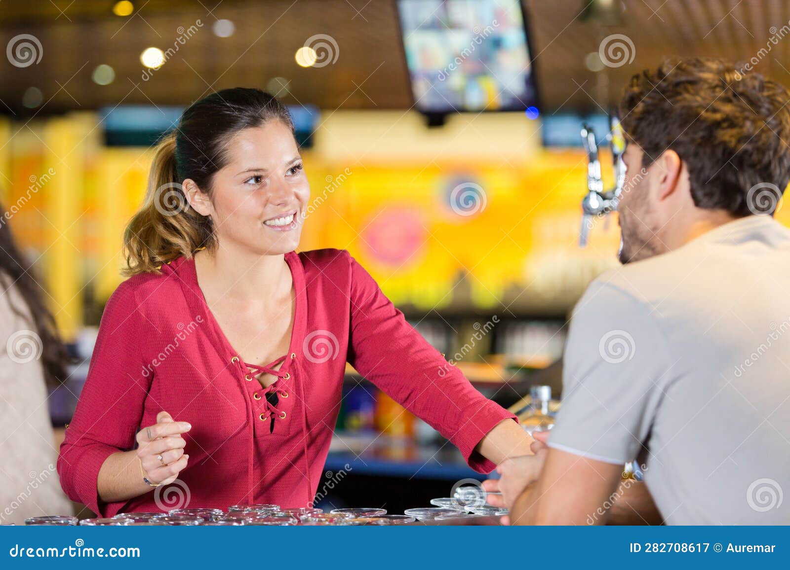 Barmaid Serving Male Customer Stock Image Image of thirsty