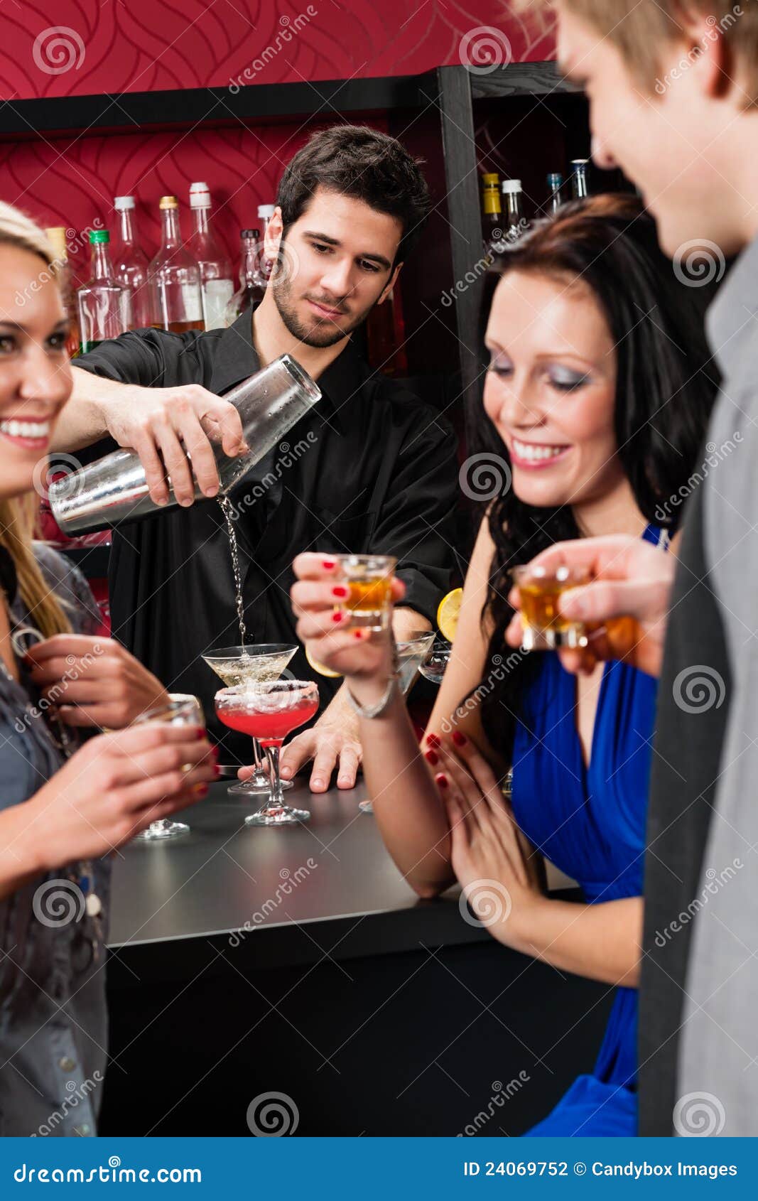 Barman Cocktail Shaker Friends Drinking at Bar Stock Photo Image of