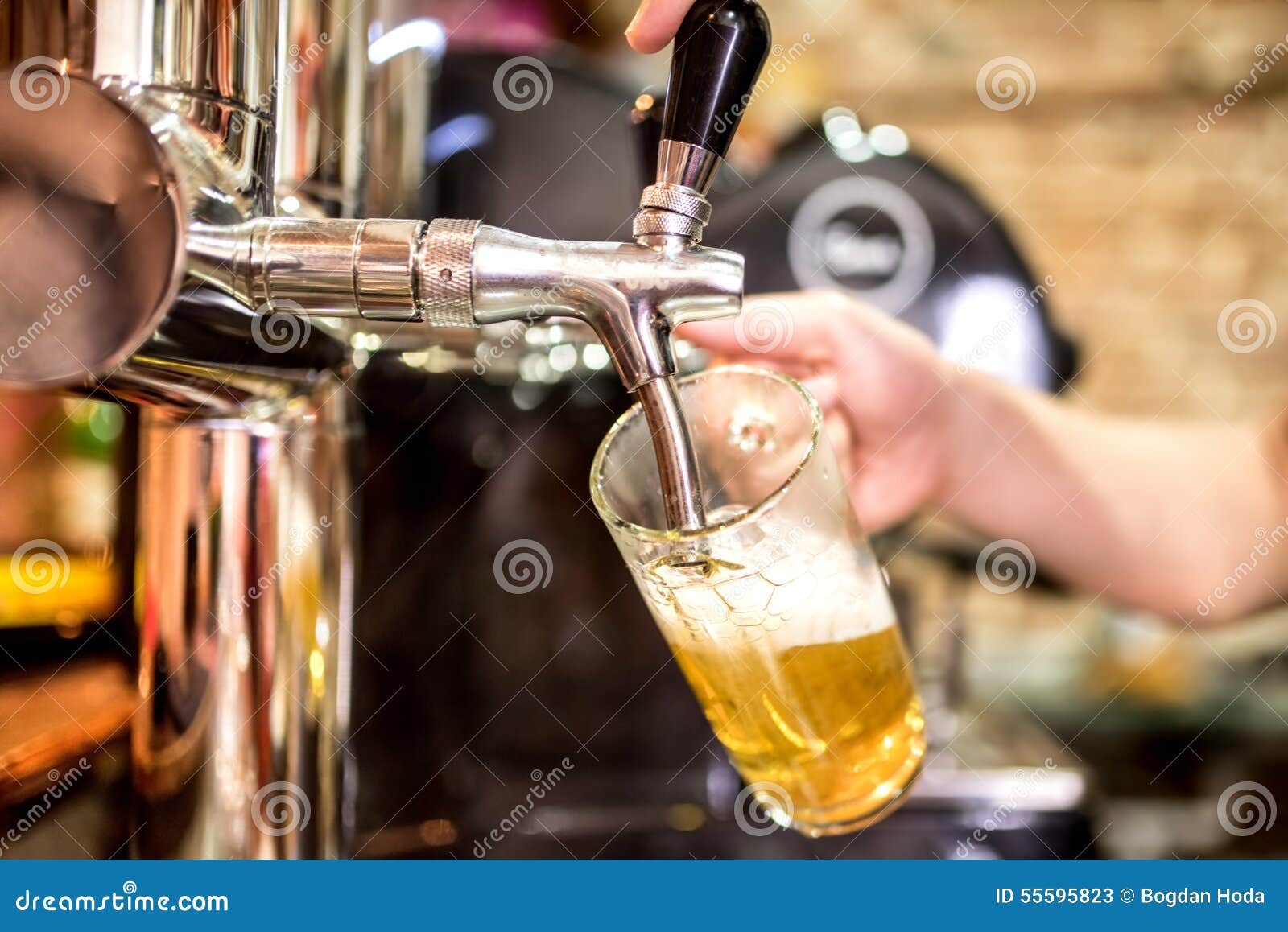 barman hands at beer tap pouring a draught lager beer serving in a restaurant or pub