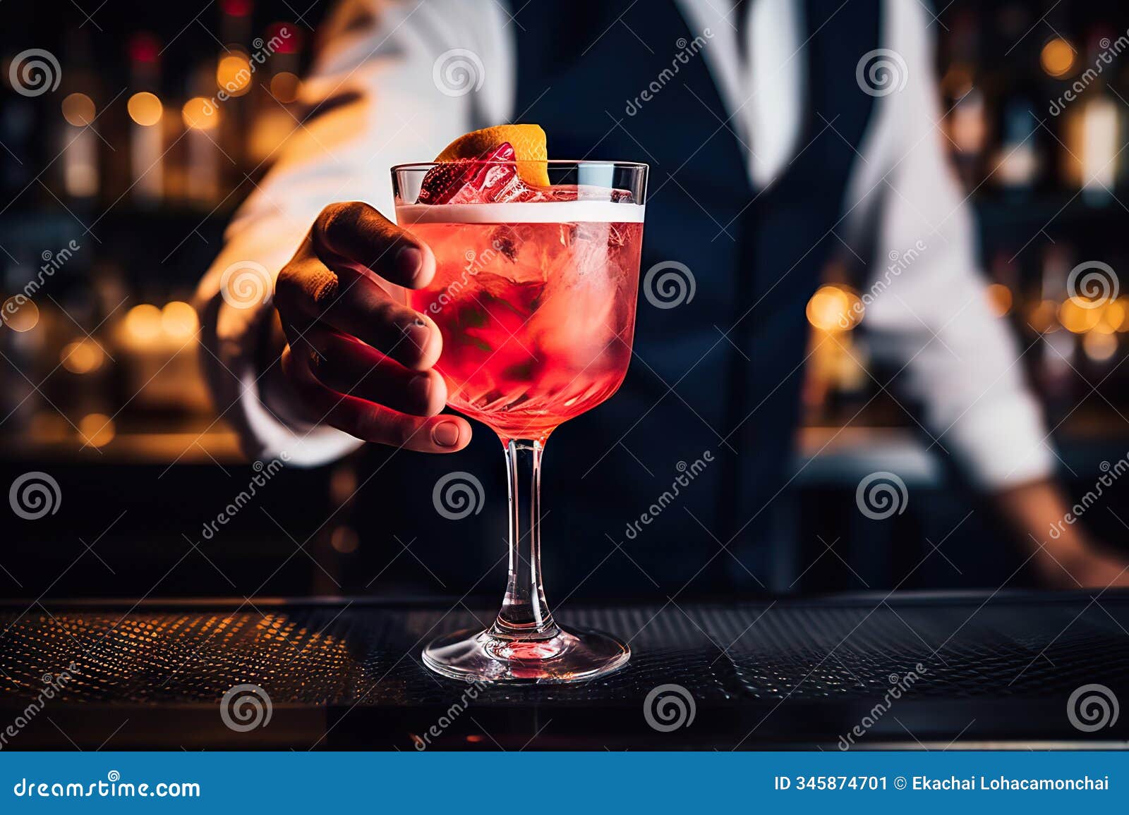 barman's skillful hands creating a perfect drink on the bar counter. created with generative ai