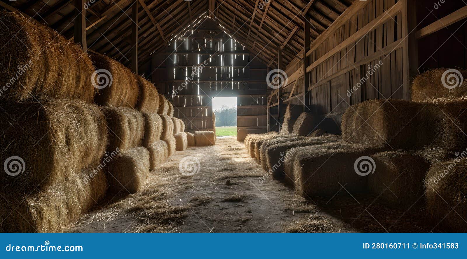 barn filled with neatly stacked hay bales ready for winte three generative ai