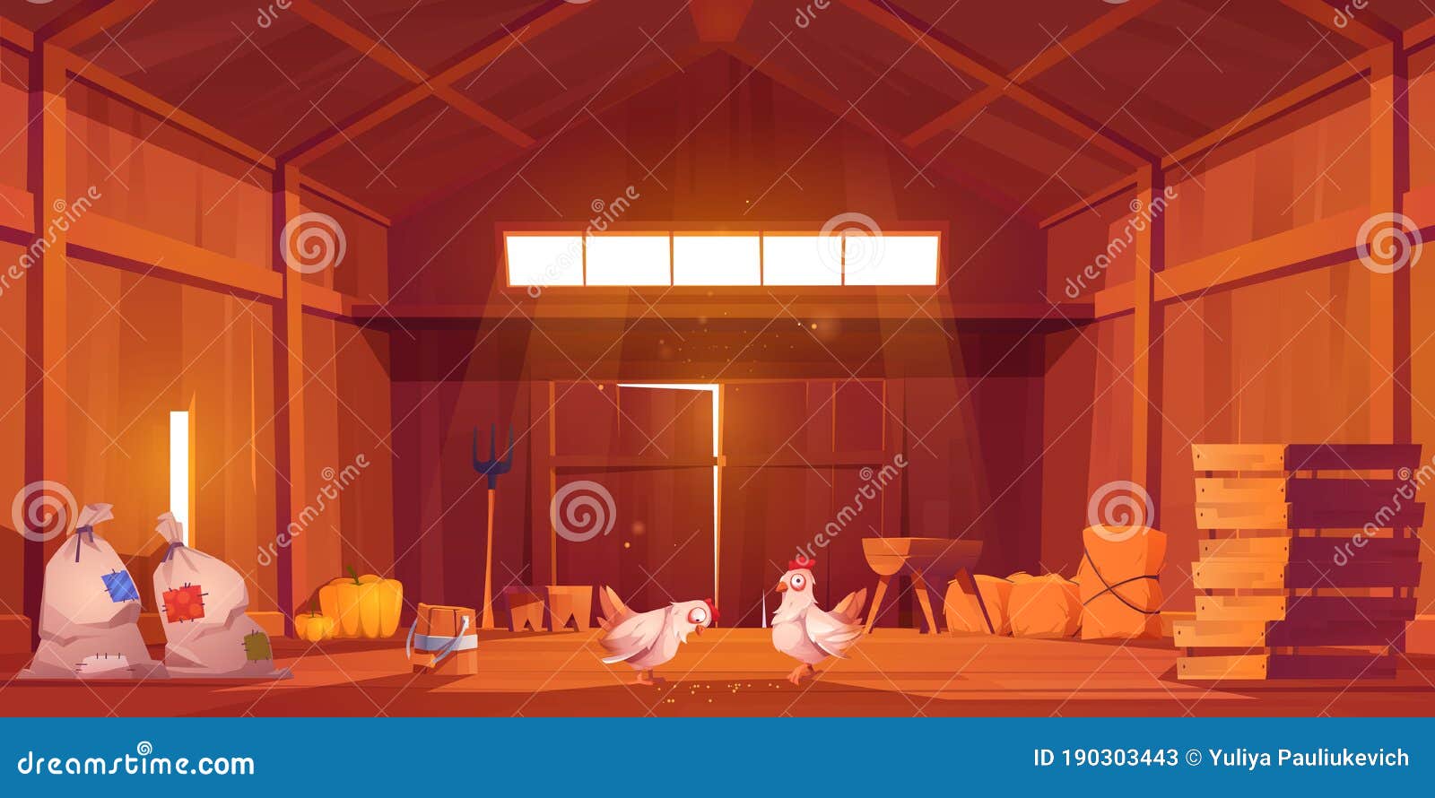 barn interior with chicken, farm house inside view
