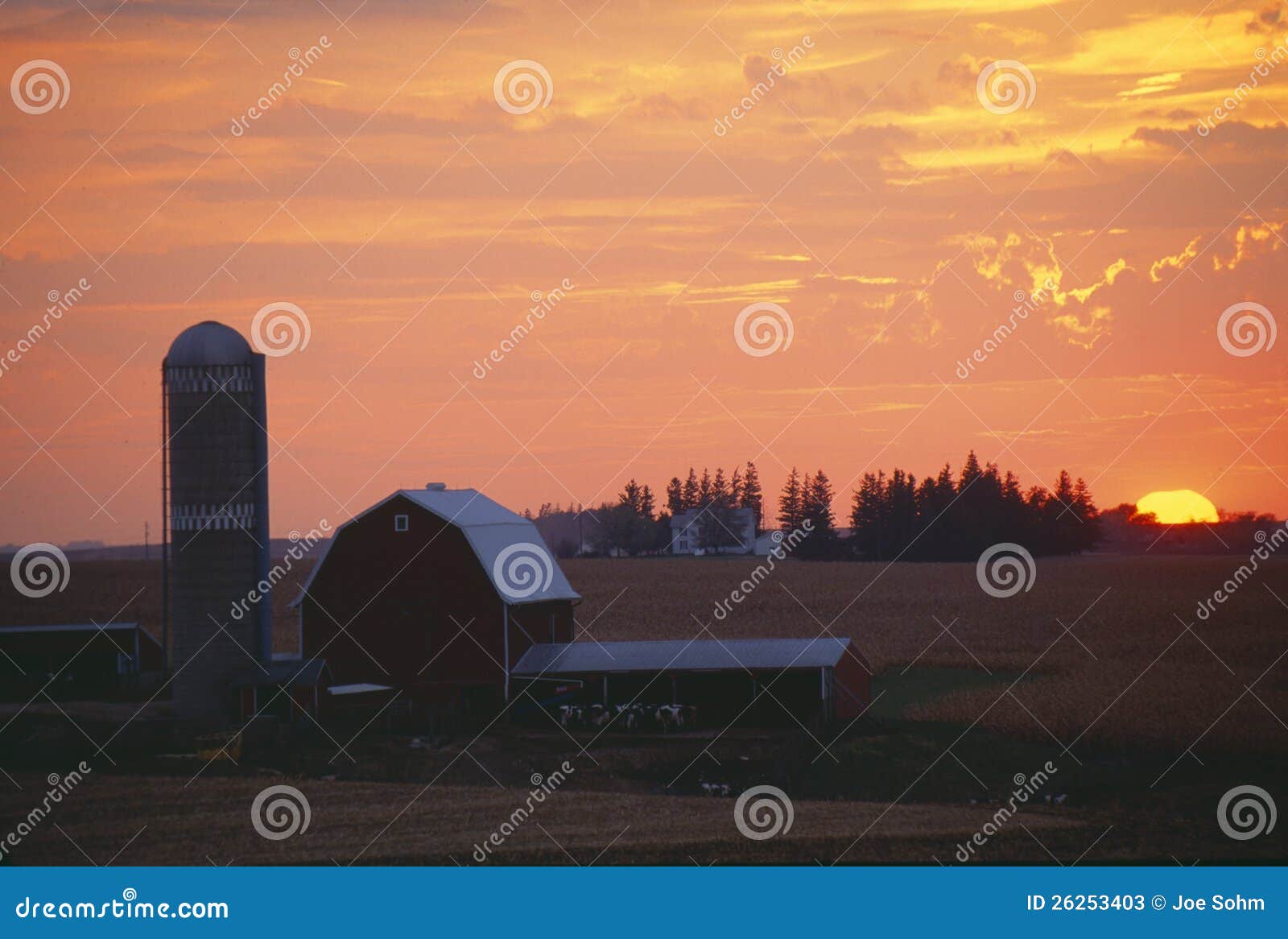 barn and silo at sunset
