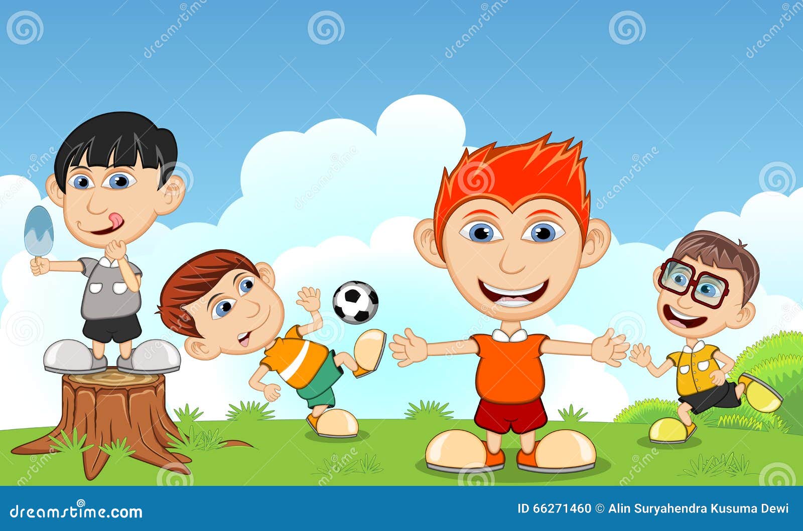 Barn som spelar fotboll och att äta glass som kör i parkeratecknade filmen - full ccolor