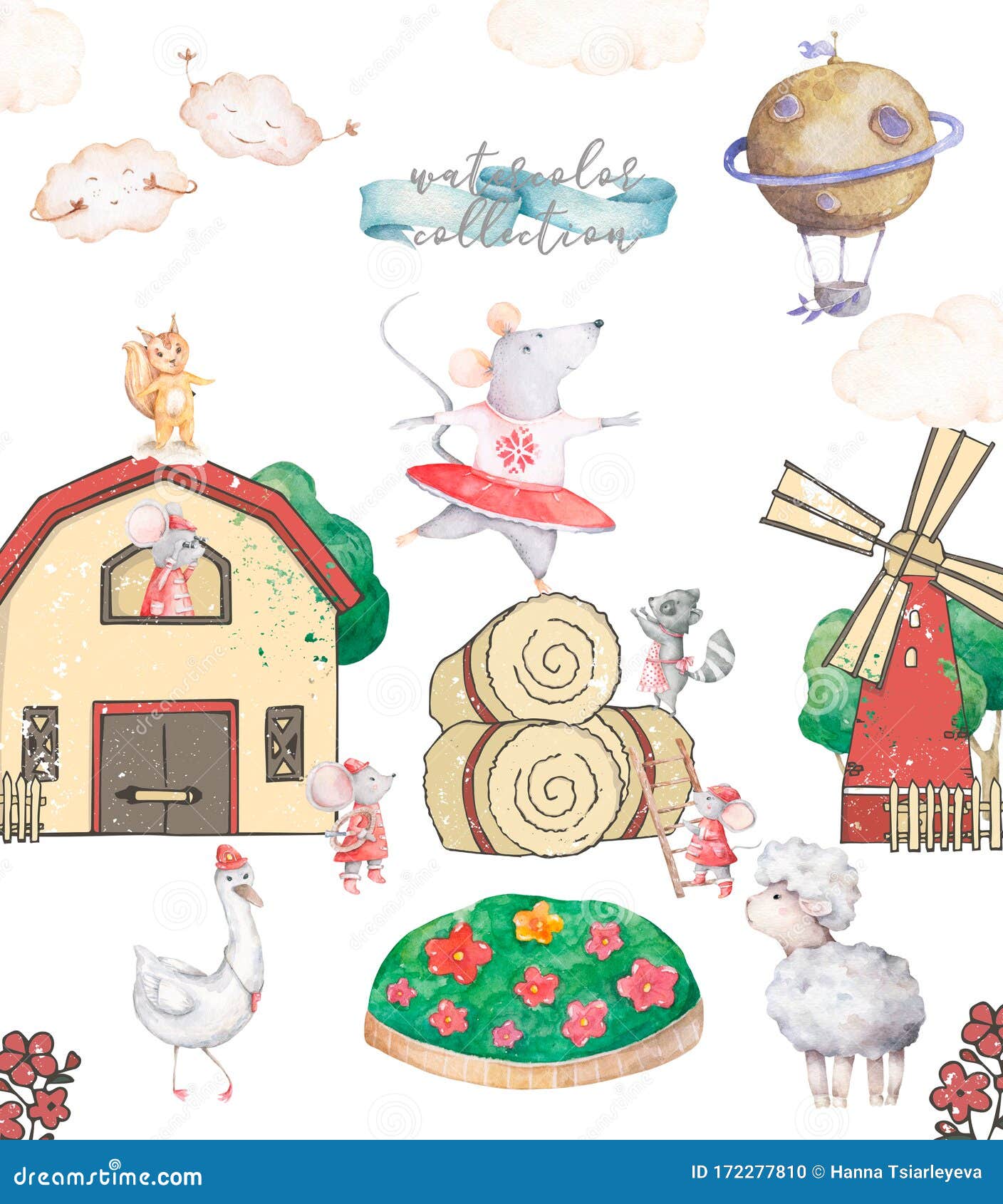 Download Cute Barn With Various Farm Animals Watercolor Cartoon ...