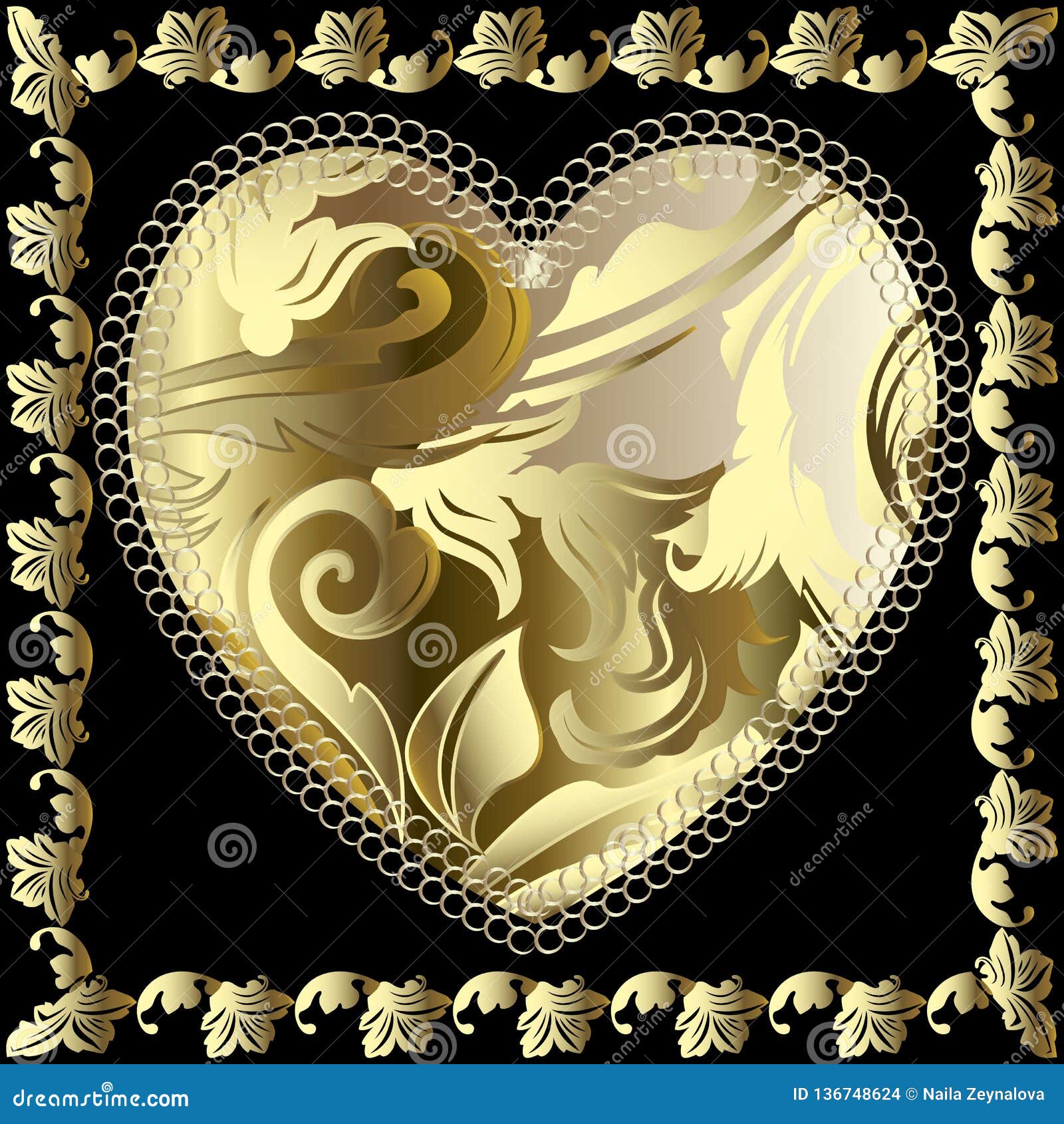 Download Baroque 3d Vector Love Heart Pattern. Ornamental Gold ...