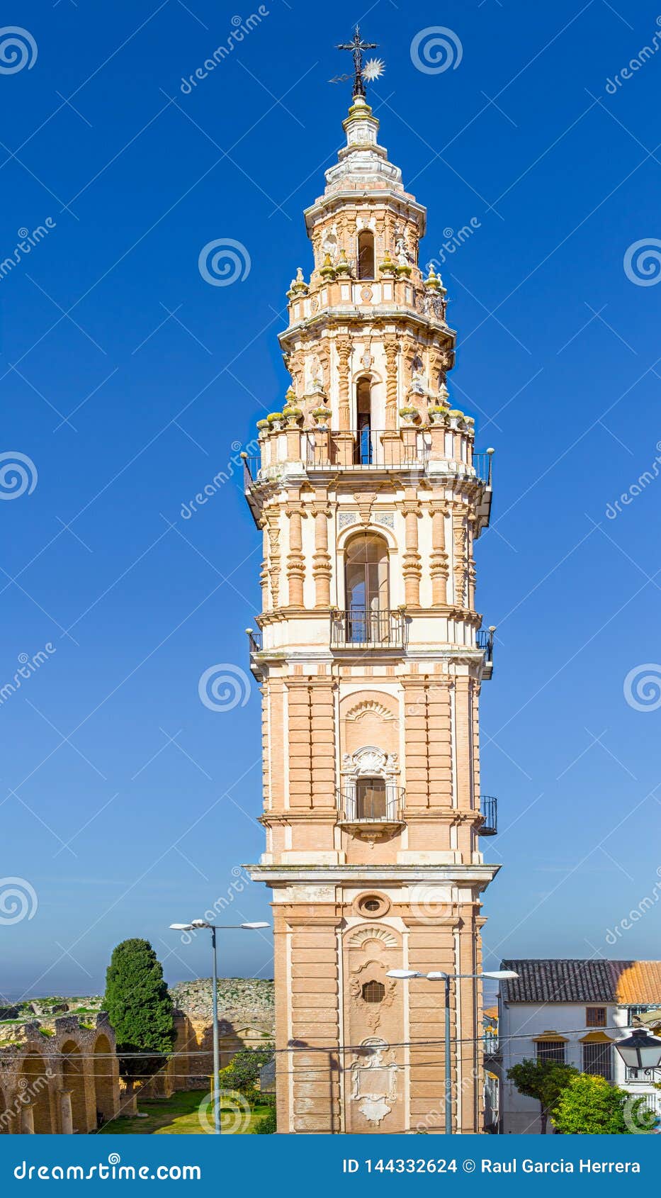baroque tower of victory in estepa, province of seville. charming white village in andalusia. southern spain.