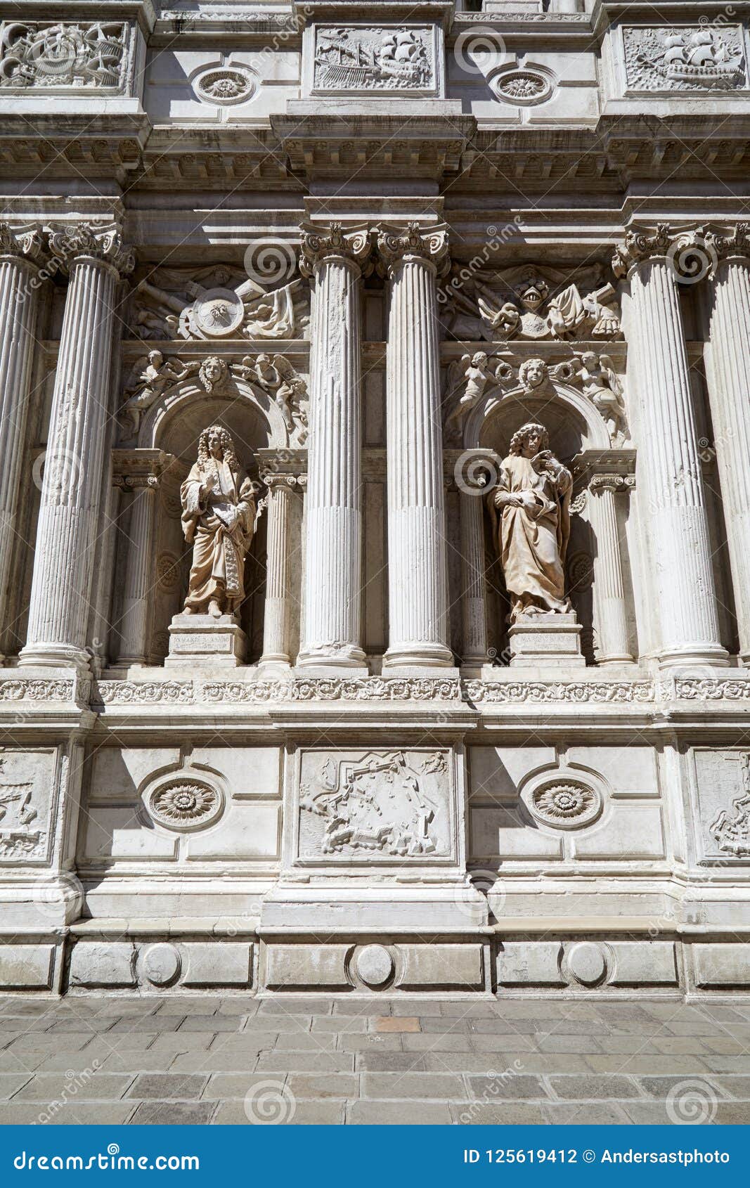 baroque, white architecture with ancient statues and columns in italy