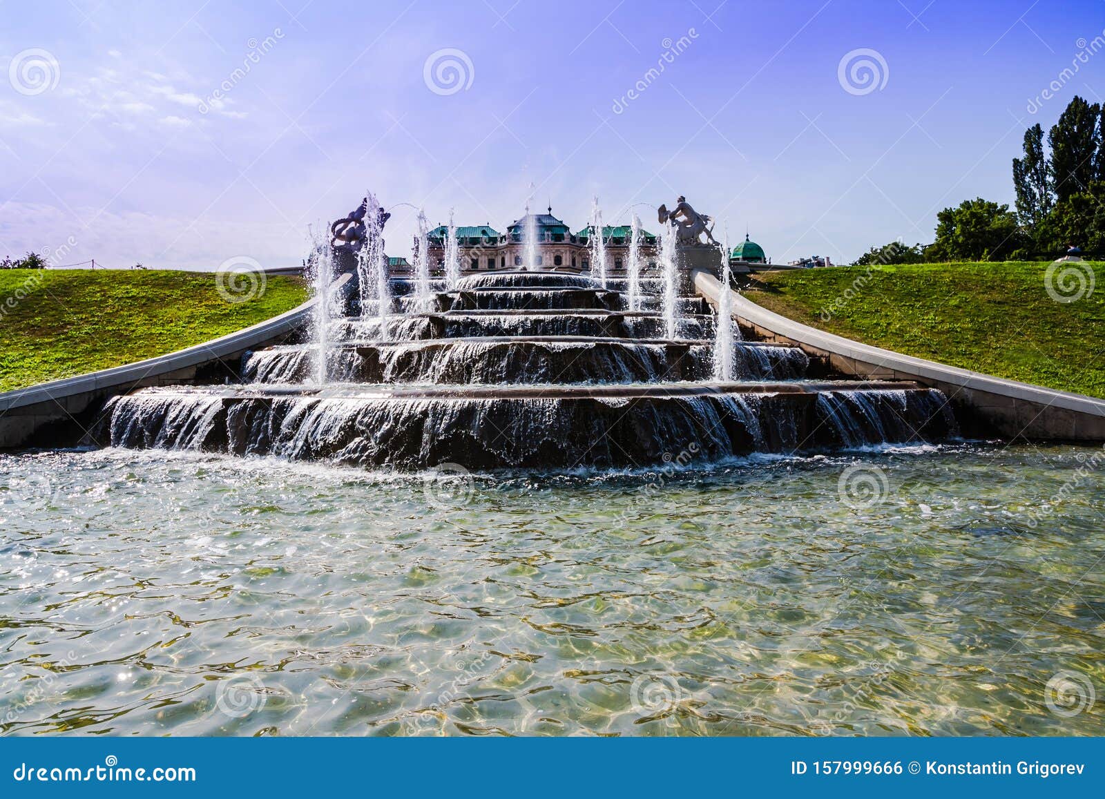 Old Big Ancient Fountain Made of White Marble. Beautiful Cascading