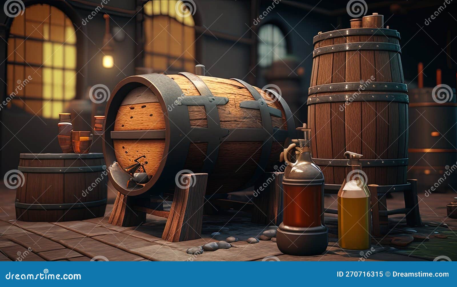 Barrels, Hops, and Brewing Equipment in a Rustic Brewery Stock