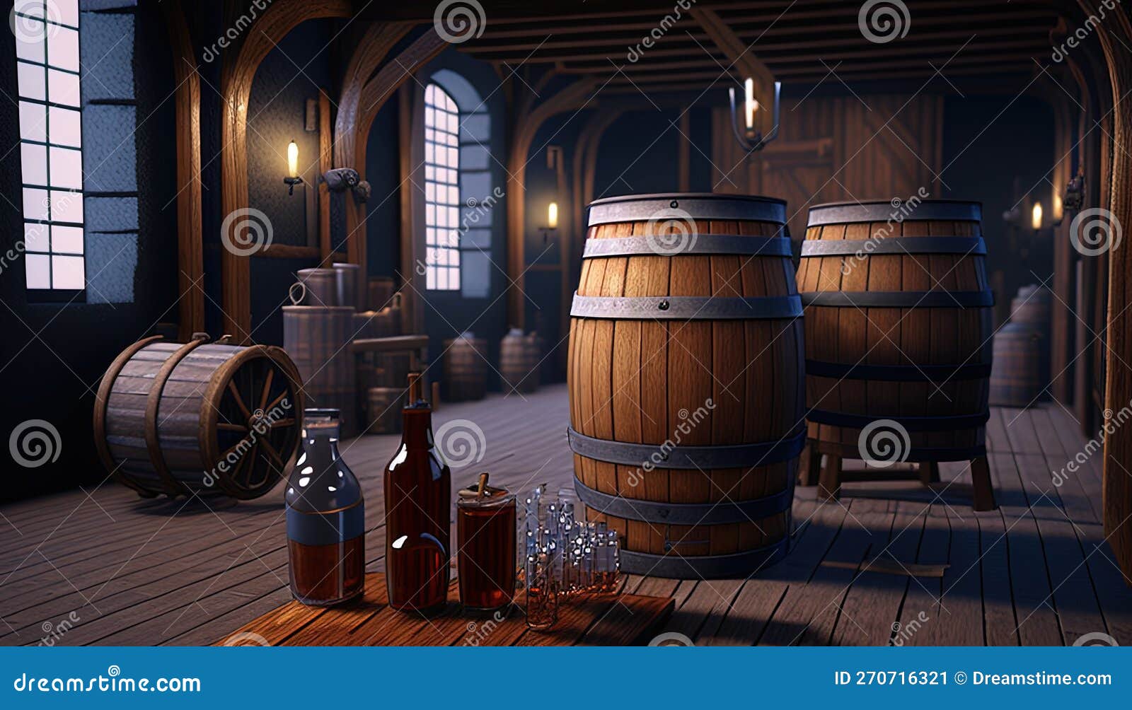 Barrels, Hops, and Brewing Equipment in a Rustic Brewery Stock