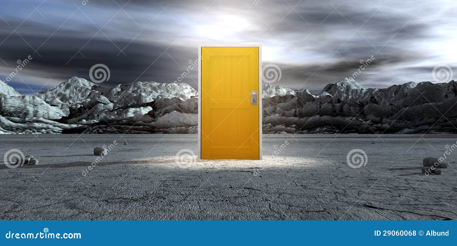 barren lanscape with closed yellow door