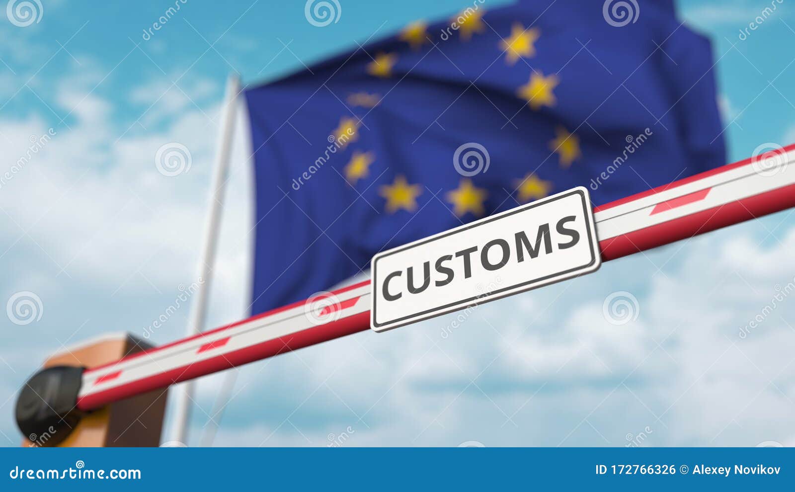 barrier gate with customs sign being closed with flag of the eu as a background. european border closure or protective
