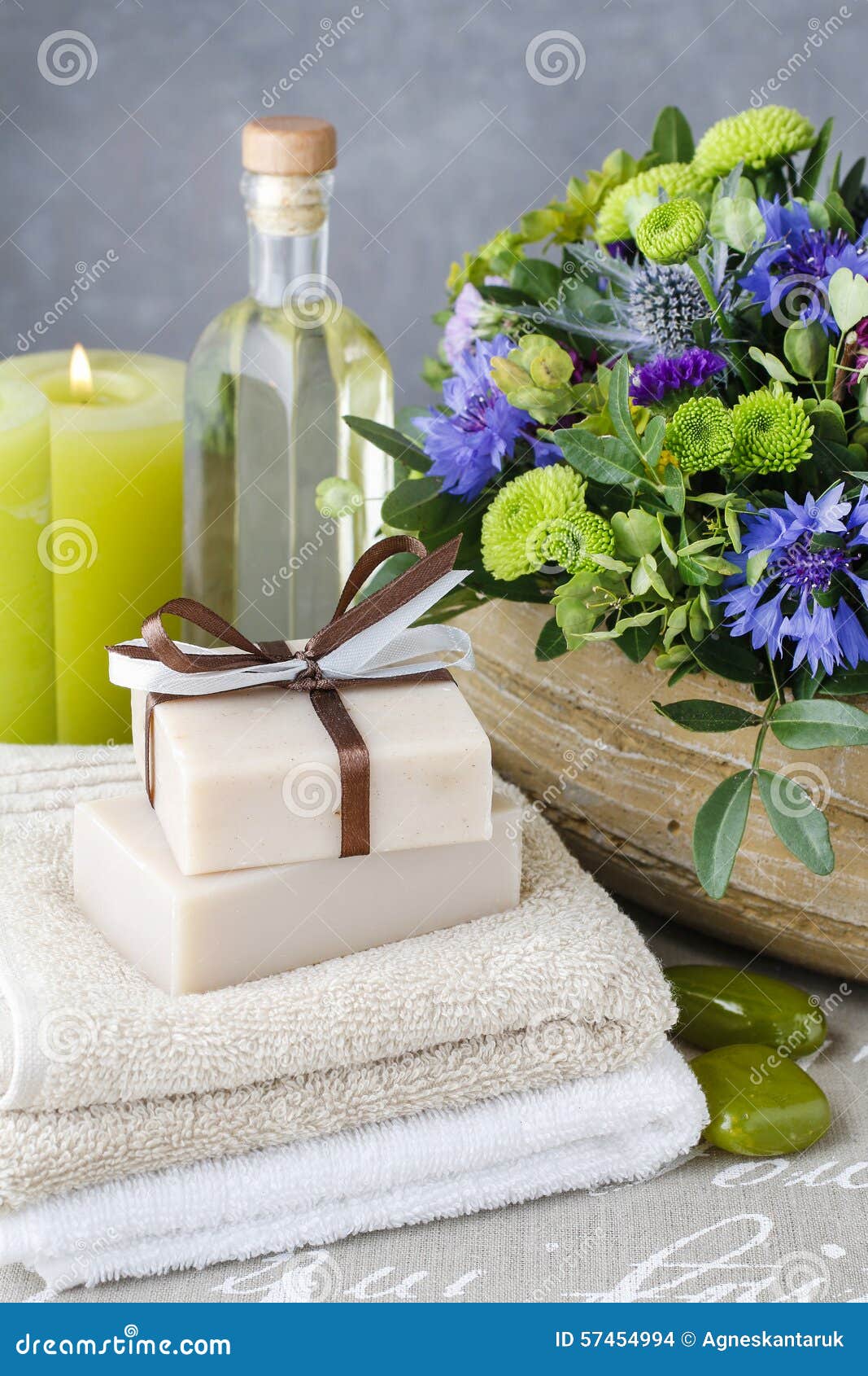 Bars of Handmade Soap, Essential Oil and Scented Candles Stock Photo