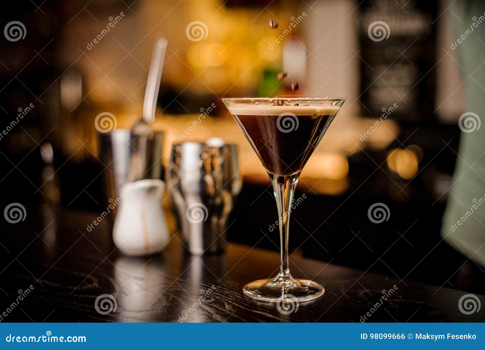 bartender decorated espresso cocktail drink white foam coffee bean