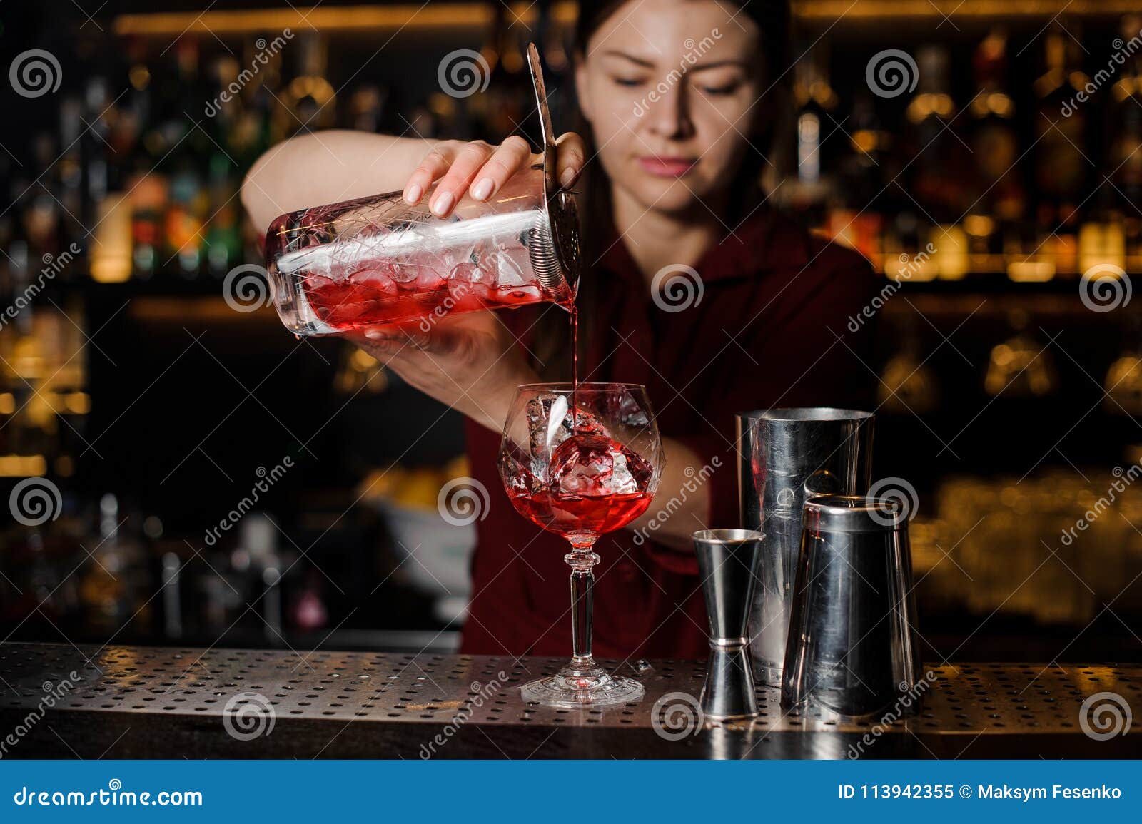 Bartender Girl Making a Fresh Light Red Cocktail Stock Image - Image of ...