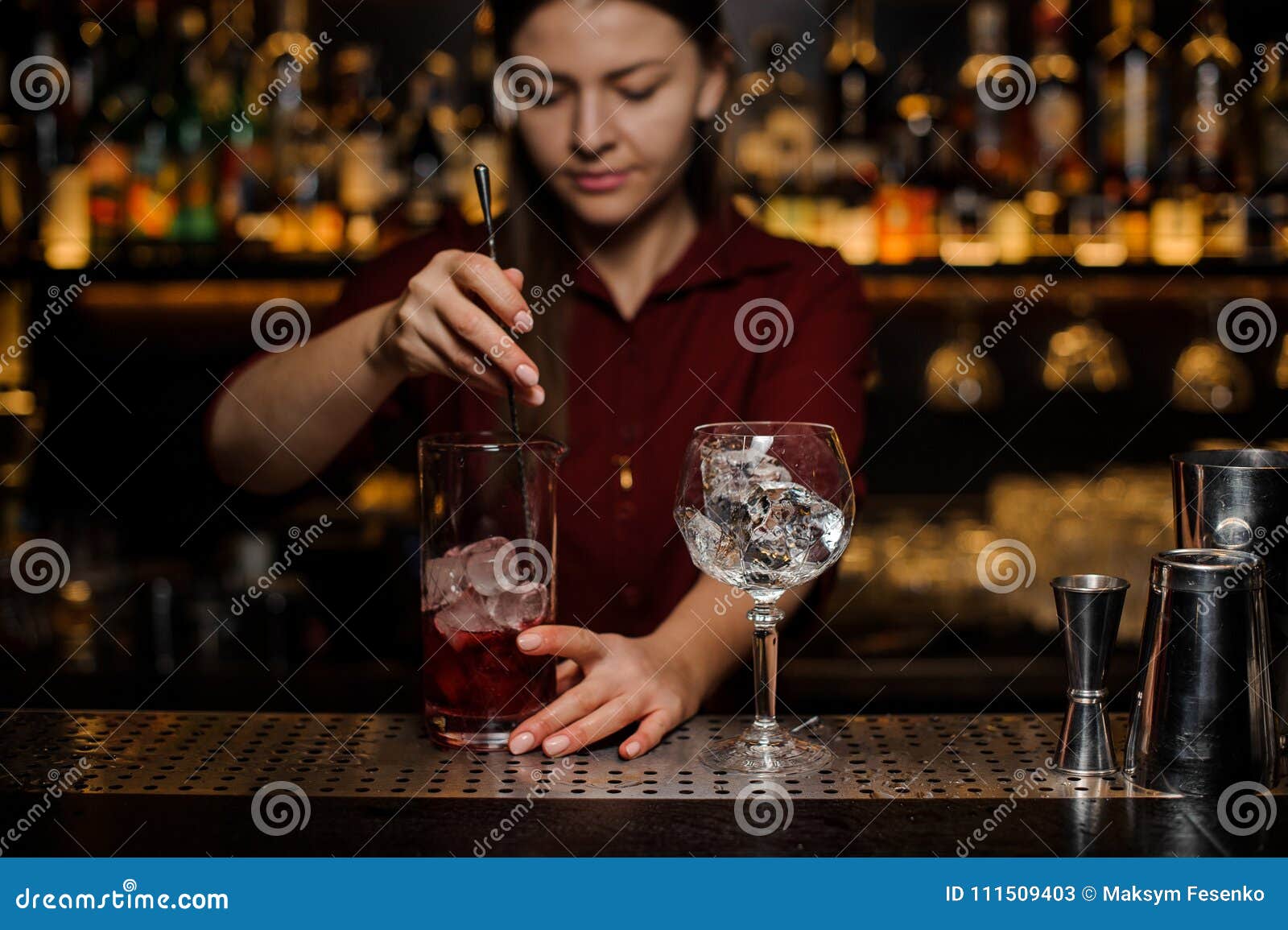 Bartender Girl Stiring a Fresh Light Red Cocktail Stock Image - Image ...