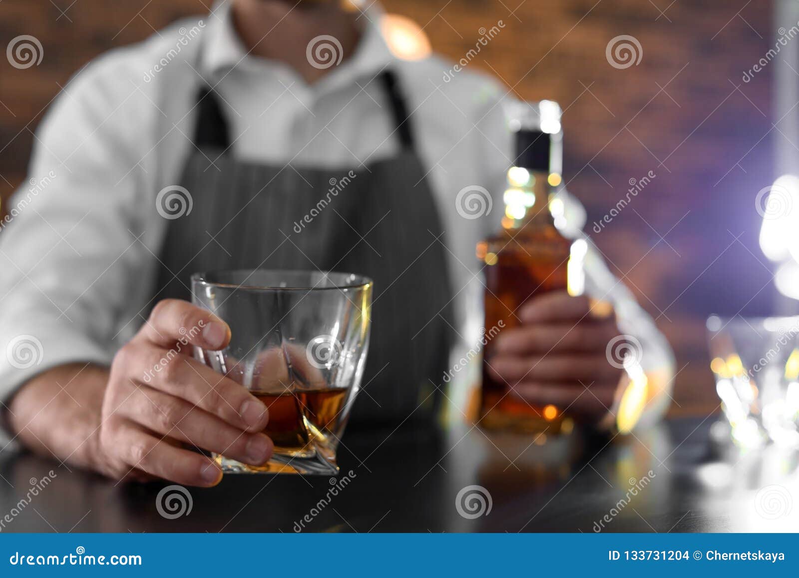 Whiskey liquor bottles bar waitress waiter apron 