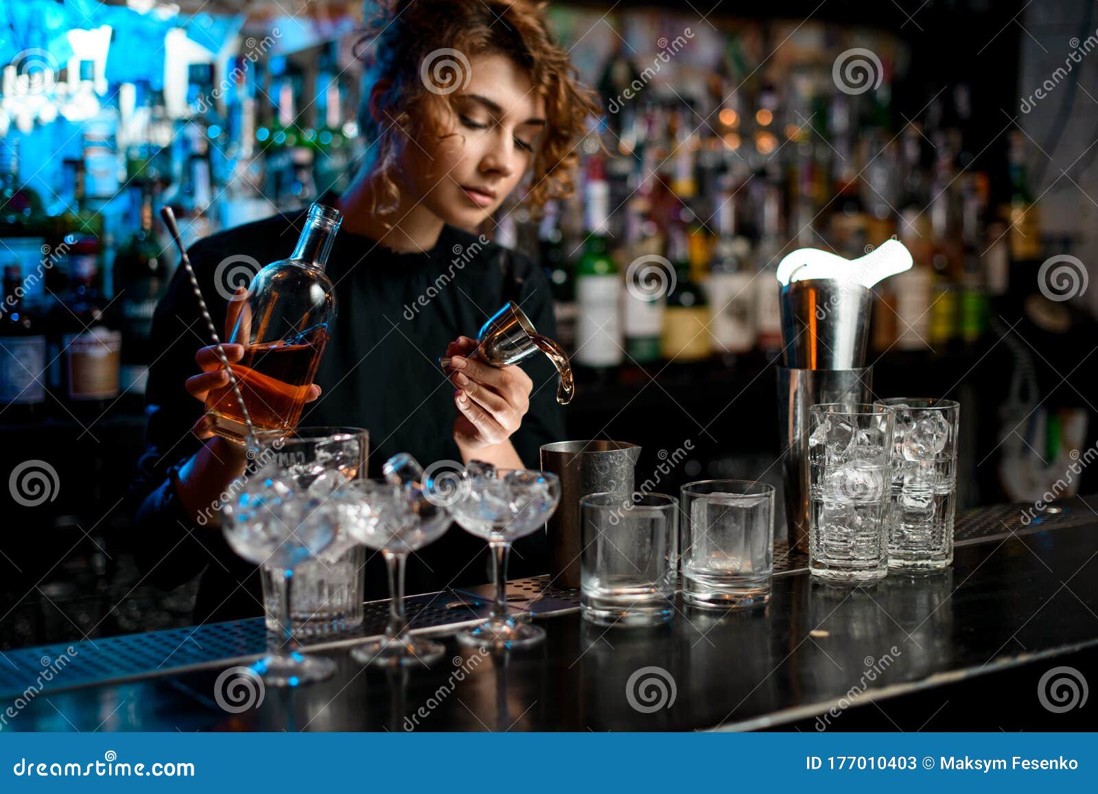 Bartender Lady Accurate Pours Drink into Metal Glass Using Jigger Stock ...