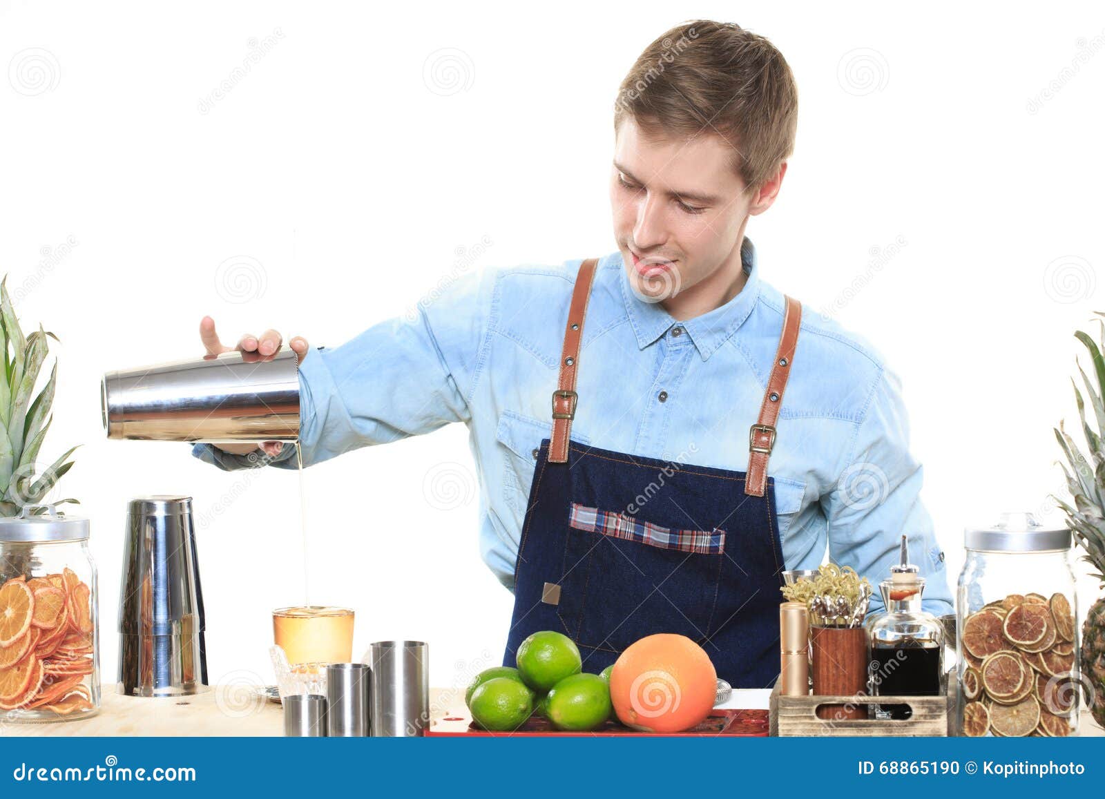 Bartender with a Shaker and Bottle on White Background. Behind the Bar