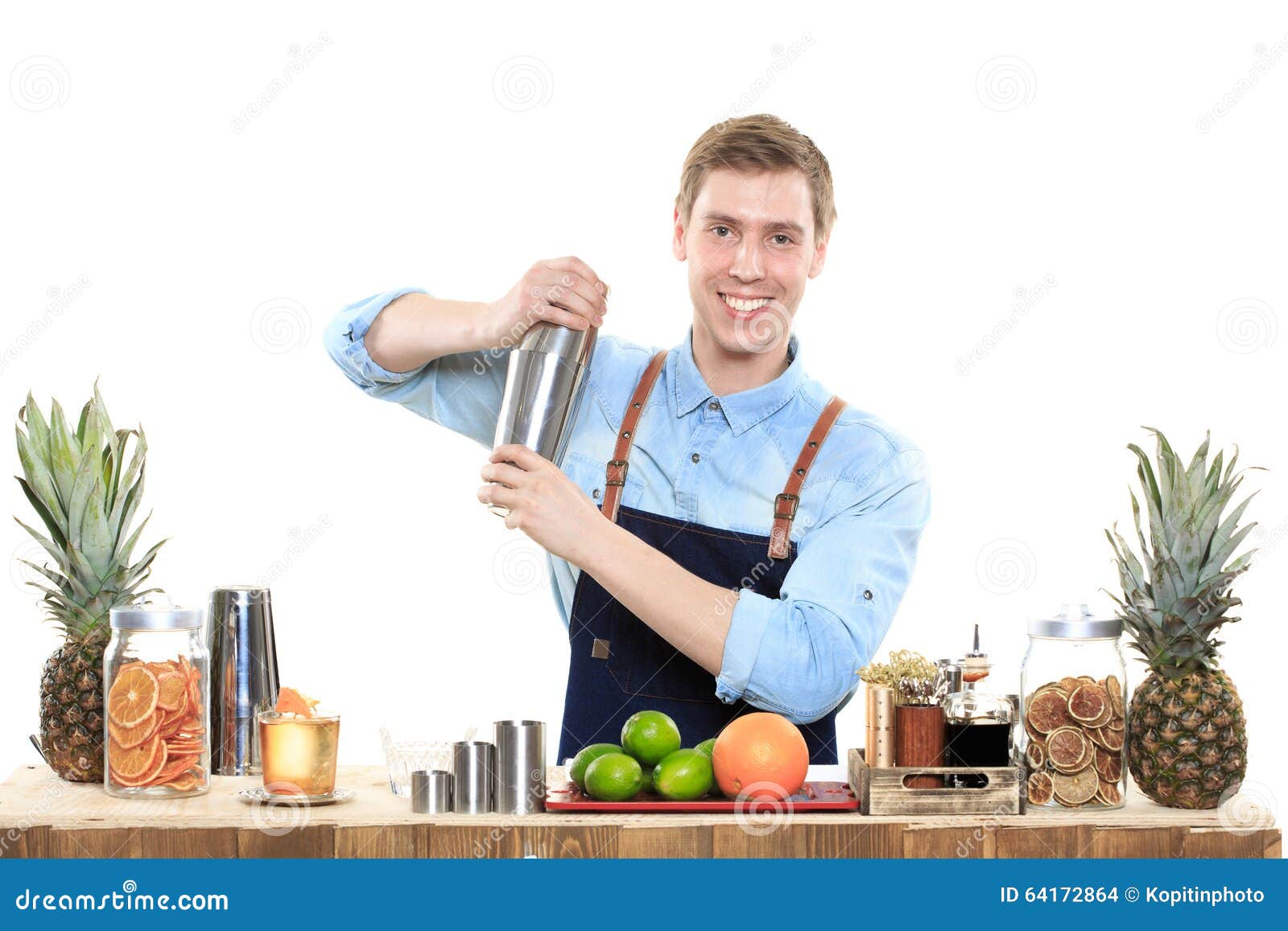 Bartender with a Shaker and Bottle on White Stock Photo Image of