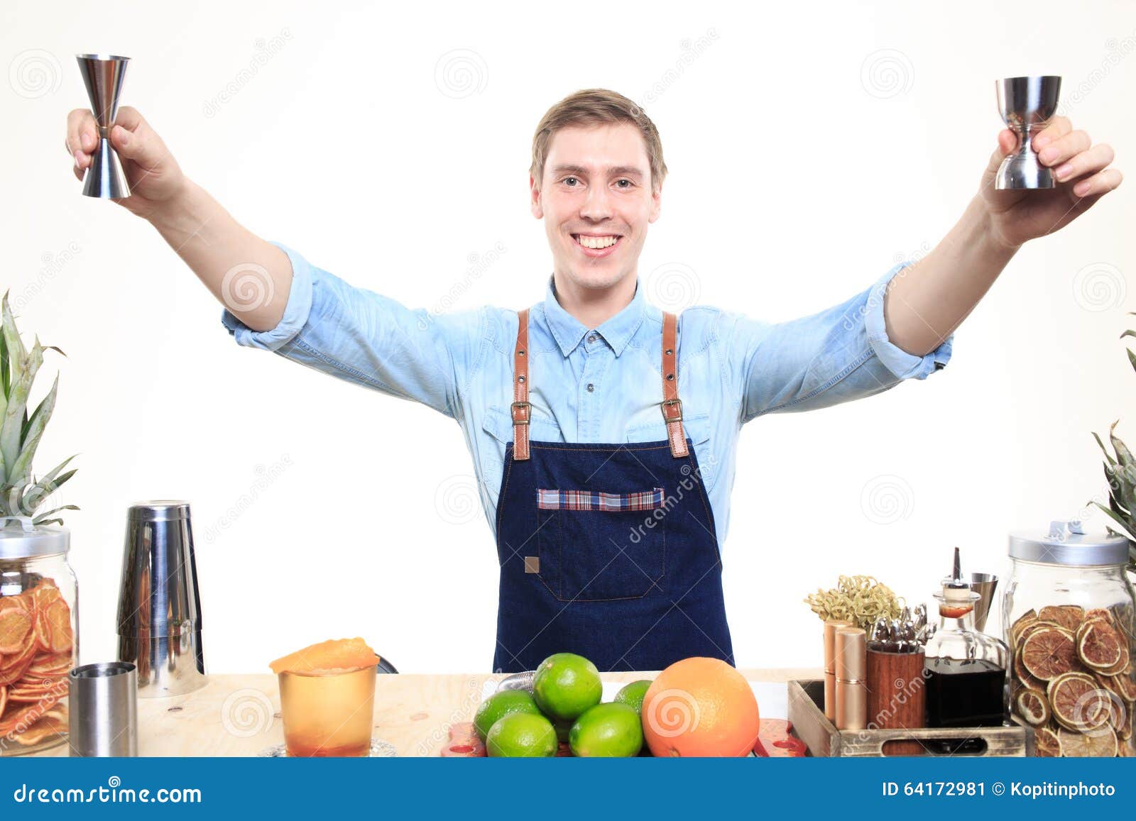 Bartender with a Shaker and Bottle on White Stock Image Image of