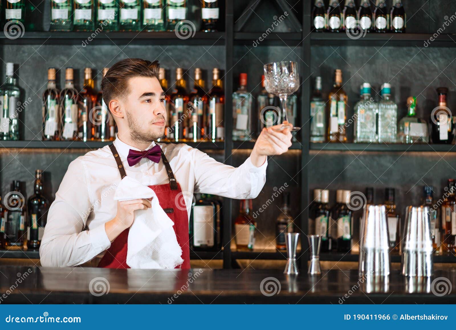 Bartender Standing at Bar Counter, Cleaning Glasses with Towel Stock Photo  - Image of portrait, informal: 190411966