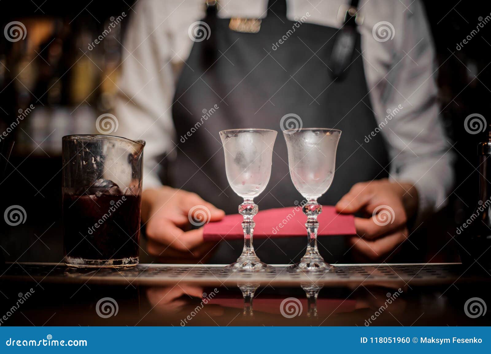 Bartender with Two Elegant Cooled Glasses Arranged on the Bar Counter Stock Photo Image of