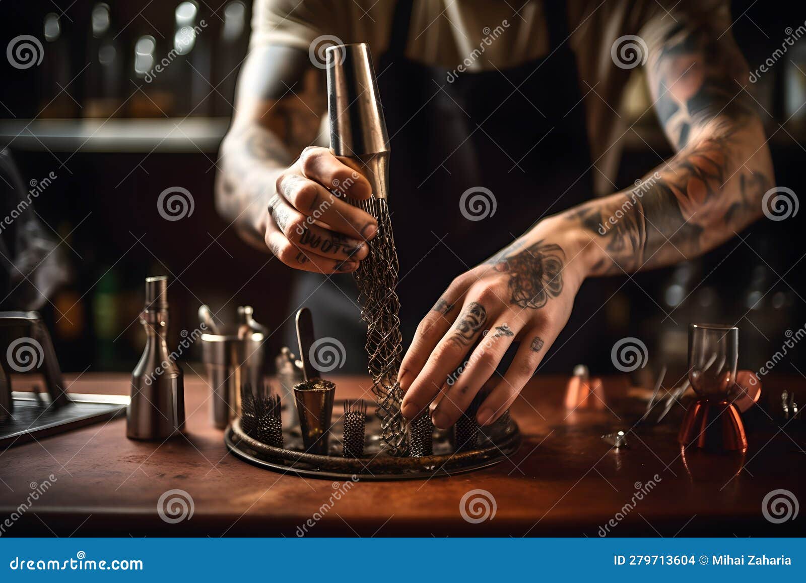 A Bartender Using Specialized Tools, Such As Muddlers and Strainers, To