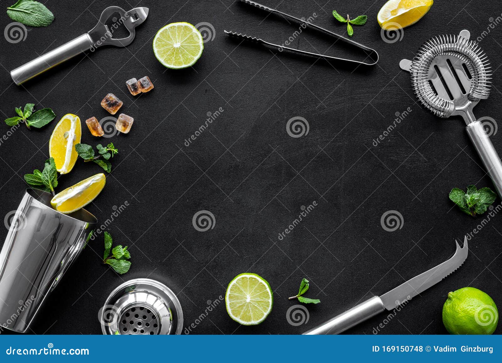 bartender work desk with equipment, cocktail ingredietns shaker, lime, ice on black background top-down frame copy space
