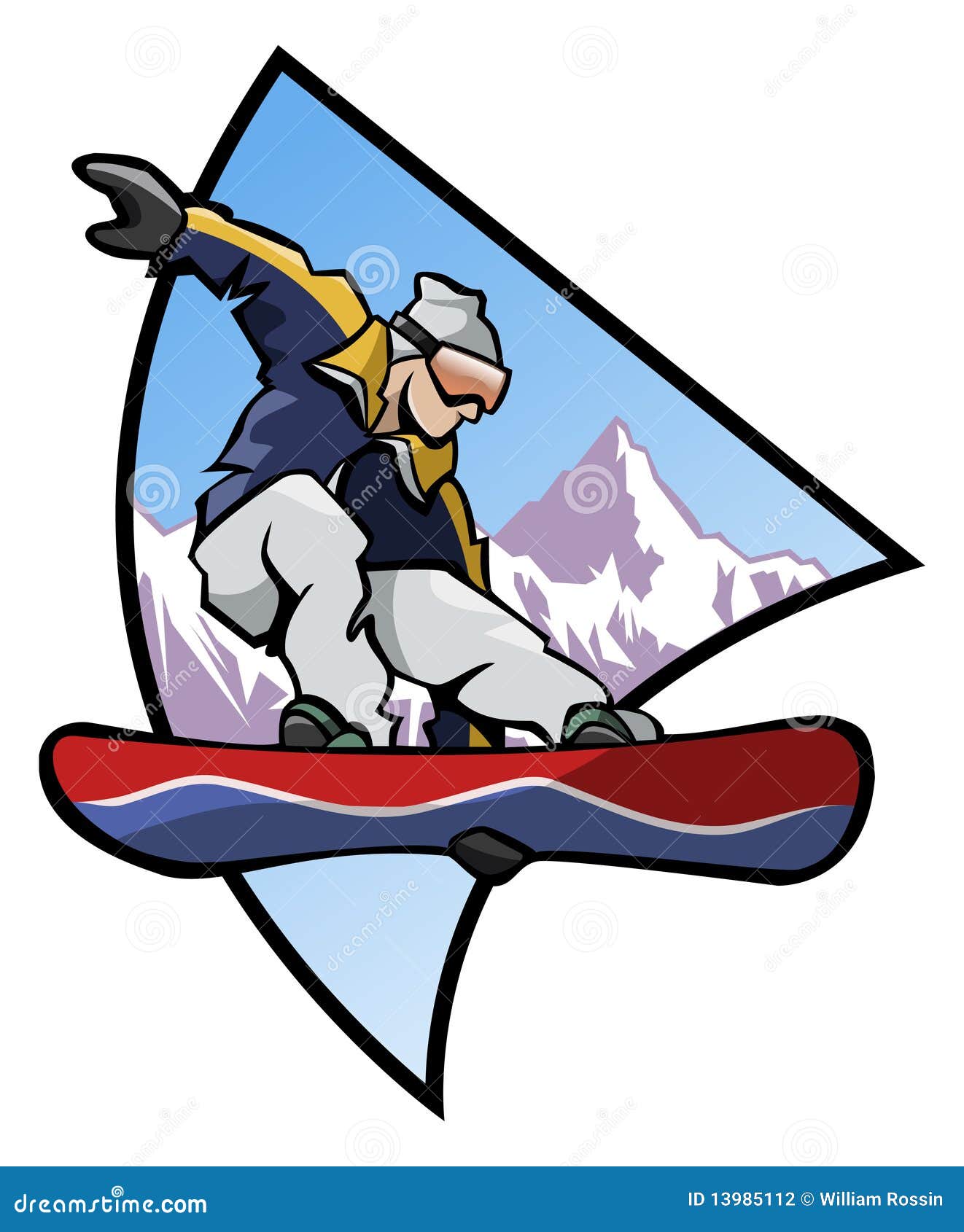 Barwi loga snowboard. Tło komputer wytwarzał ilustracyjnego skokowego loga halnego snowboarder styl