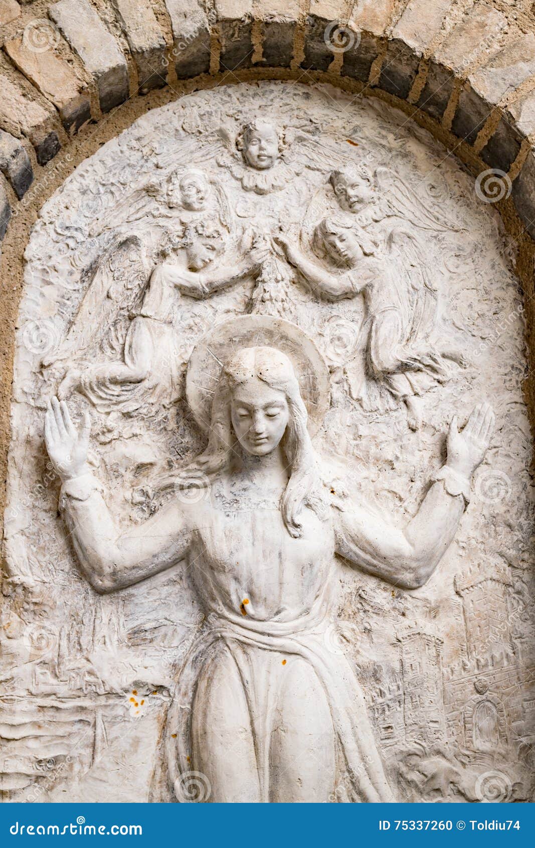 Bas Relief Representing the Virgin Mary Surrounded by Angels. Stock