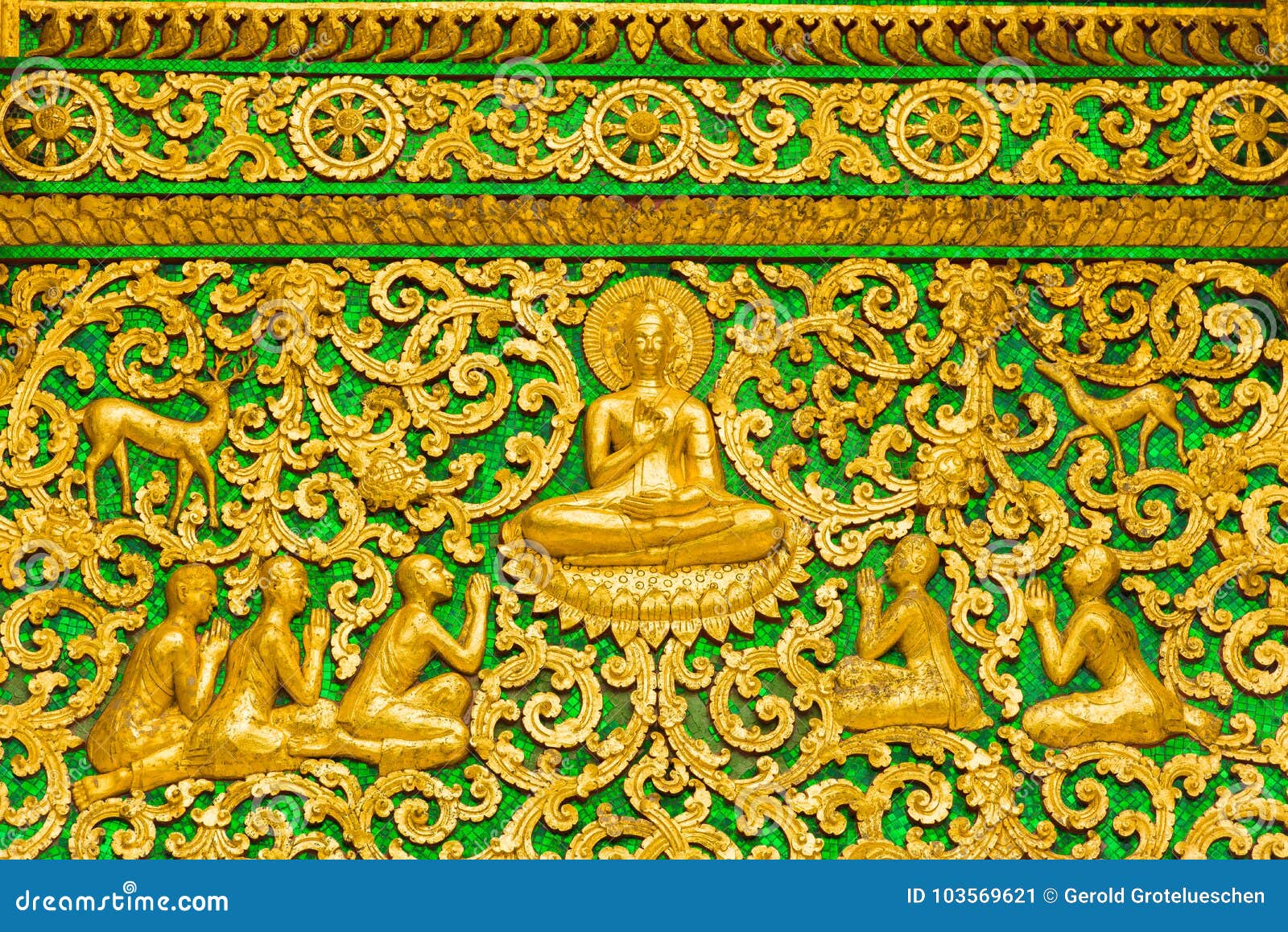 the bas-relief on the wall of the temple in louangphabang, laos. close-up.
