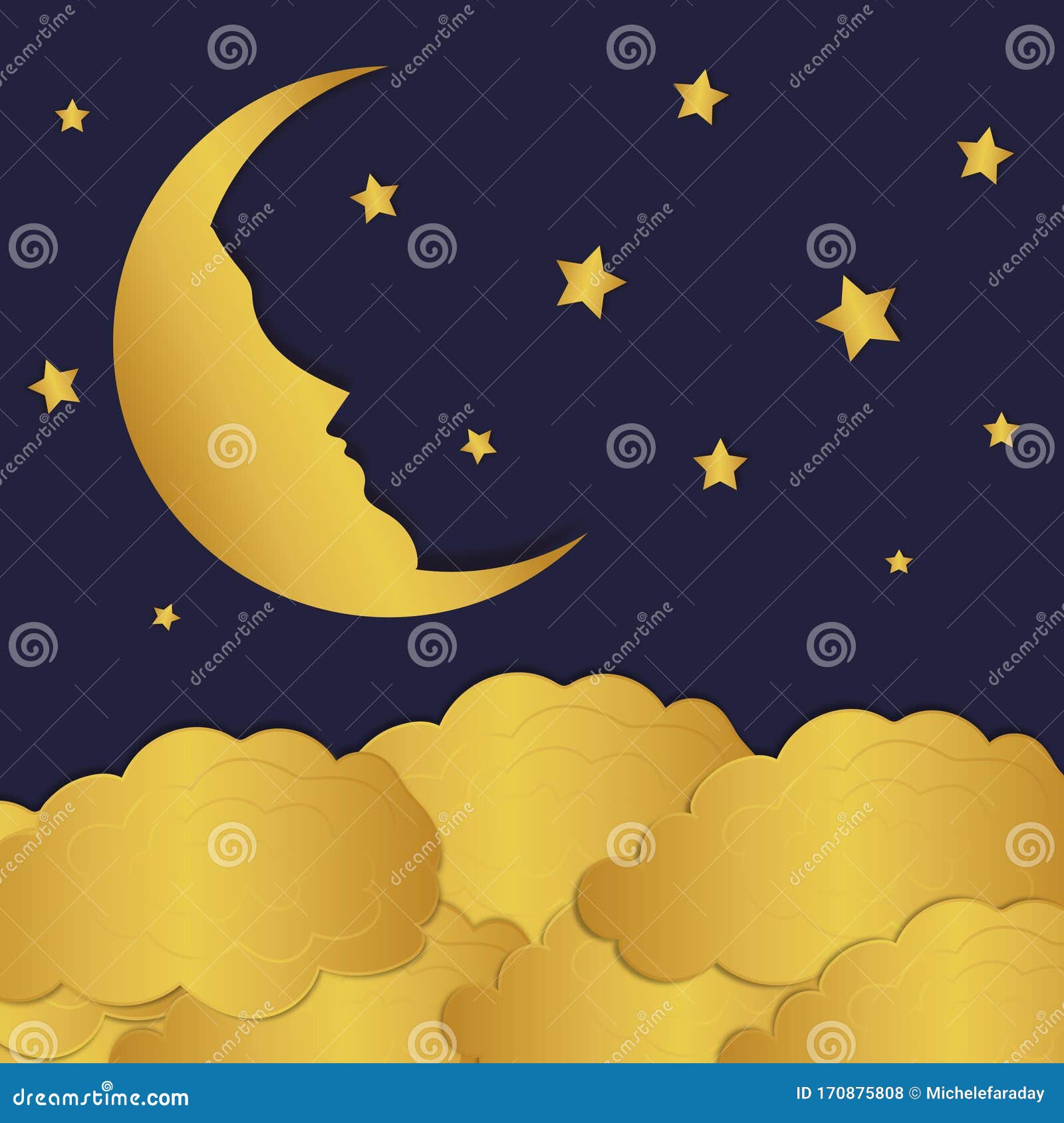 Golden Moon, Stars and Clouds Vector Illustration on a Blue ...