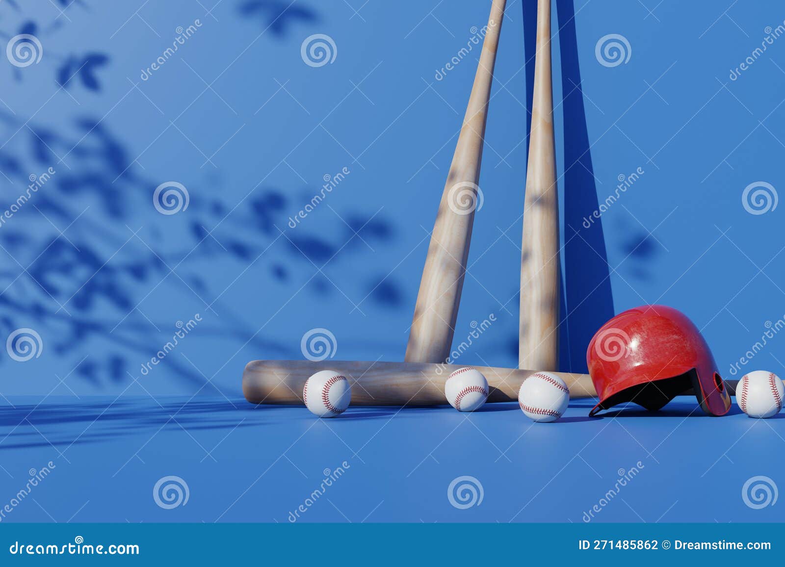 Baseball Ball, Bat, and Helmet on Blue Background. 3d Stock